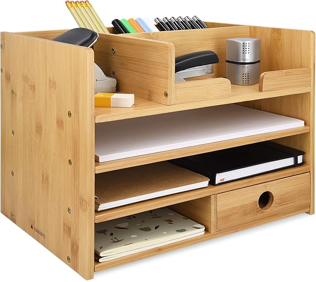Navaris Bamboo Desk Organiser - Wooden Desktop Storage Drawers and Compartments for Organising Stationery, Documents, Files, Office Accessories
