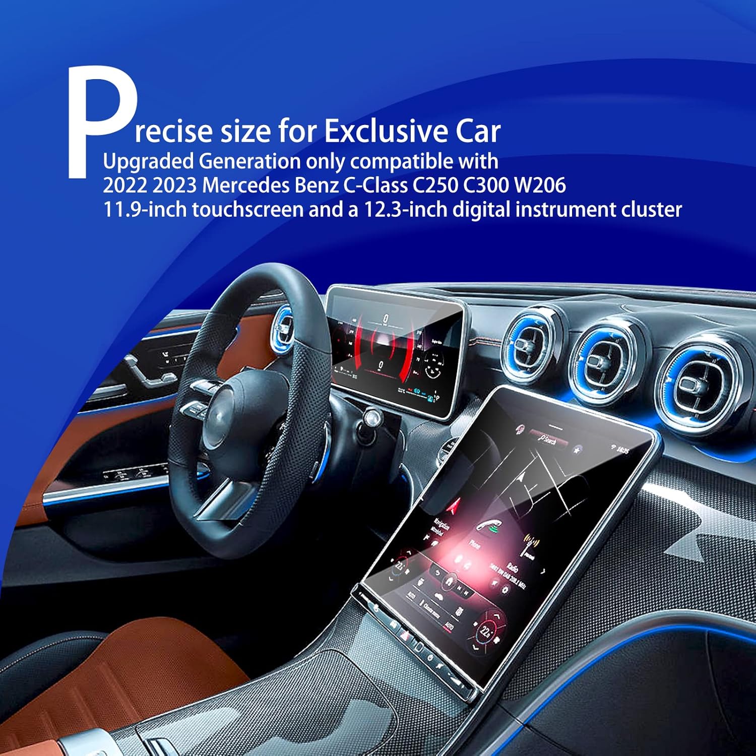 2024 2025 2026 Benz C300 Screen Protector for 2025 2024 2022 2023 Mercedes Benz GLC300 350e C300 4matic W206/2023 2024 AMG C43/2024 AMG C63 2024-2025 CLE300 11.9inch Touchscreen 12.3’’ Tempered Glass 2pcs