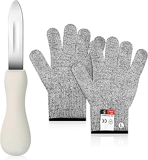 Oyster Shucking Knife with Cut Resistant Gloves Stainless Steel Oyster Knifes Seafood Opener Tools Set for Opening Oyster Clams Scallops Shellfish (1 Knife+1 Pair L Gloves)