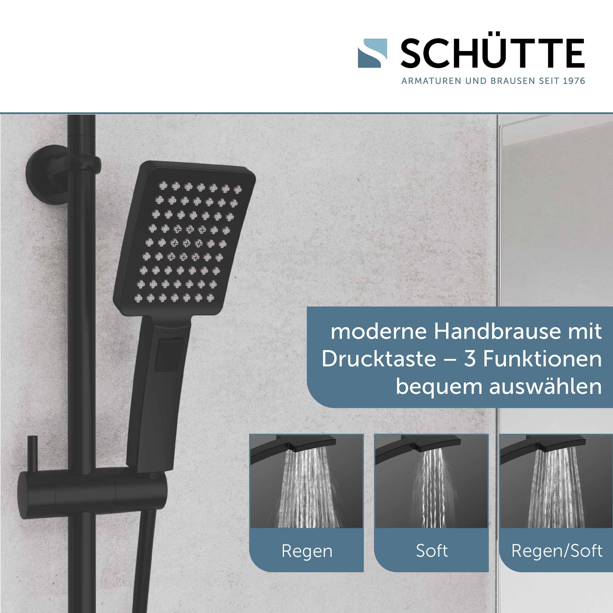 Schütte Duschset MALLORCA Duschsäule mit großer Regendusche Handbrause mit 3 Strahlarten Duschsystem ohne Armatur Schwarz Matt | 3 Strahlarten Duschsystem ohne Armatur Schwarz Matt
