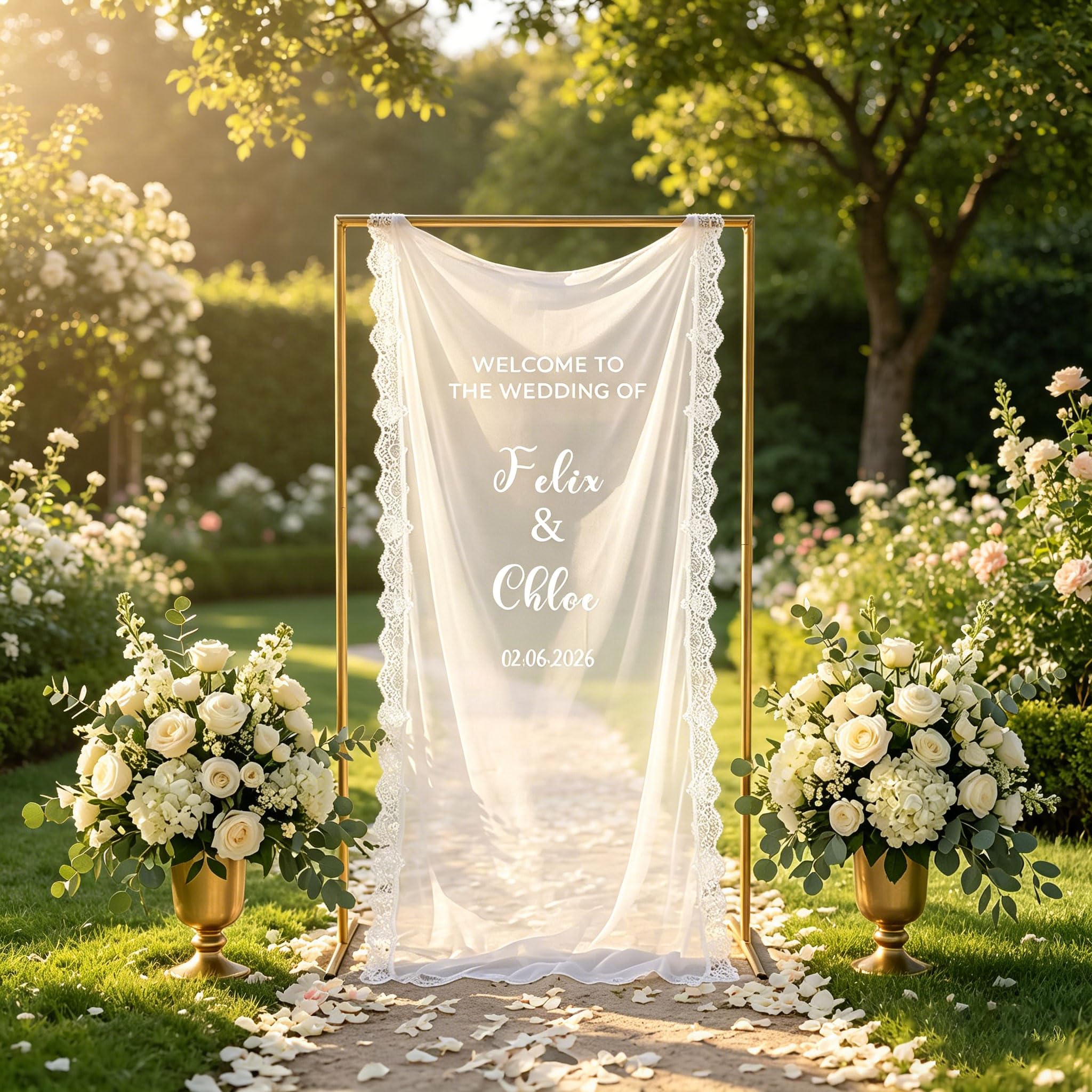 Novalith White Personalised Sheer Fabric Wedding Welcome Sign With Lace Edge, Modern Wedding Welcome Sign With Names And Date, Custom Bridal Ceremony For Outdoor Ceremony, Garden, Lawn, Indoor Reception Backdrop