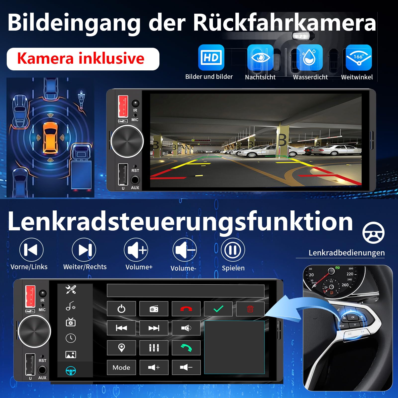 6,36 Zoll 1 Din Autoradio mit Drahtlosem CarPlay & Android Auto, Bluetooth, Full-Touch-Display FM, DAB+, Rückfahrkamera und Mikrofonunterstützung