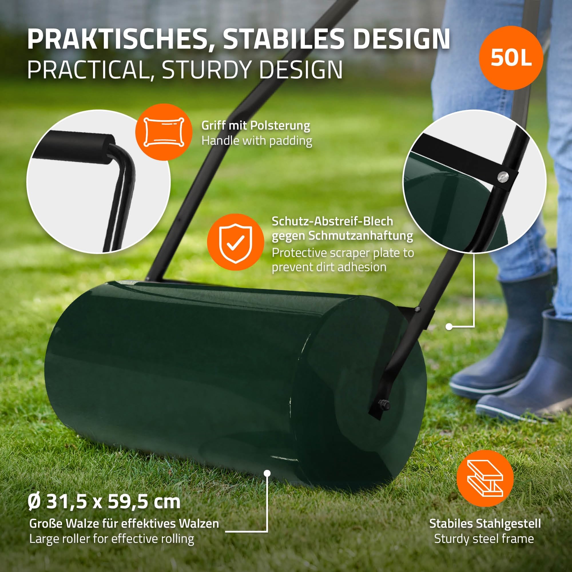 ECD Germany Walec do trawnika napelniany woda lub piaskiem 50 l stalowy reczny do zageszczania podloza i gleby szerokosc 59,5 cm srednica Ø31,5 cm zielony walec ogrodowy z oslona przeciwblotna