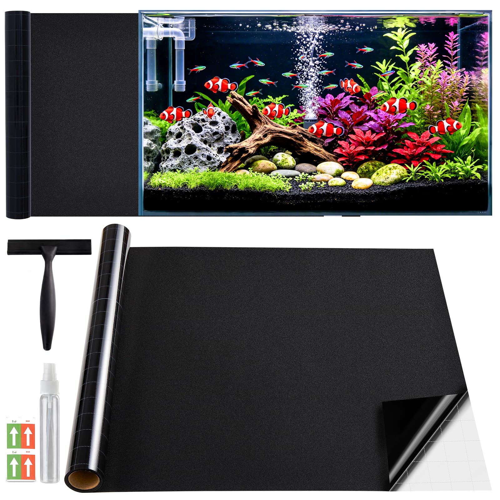 Lifetree Black Aquarium Background Static Cling Window Film - Fish Tank Backdrop with Complete Installation Kit, Backside Grid Lines for Easy Trim, No Glue Removable Blackout Film for Tank,60 * 200cm