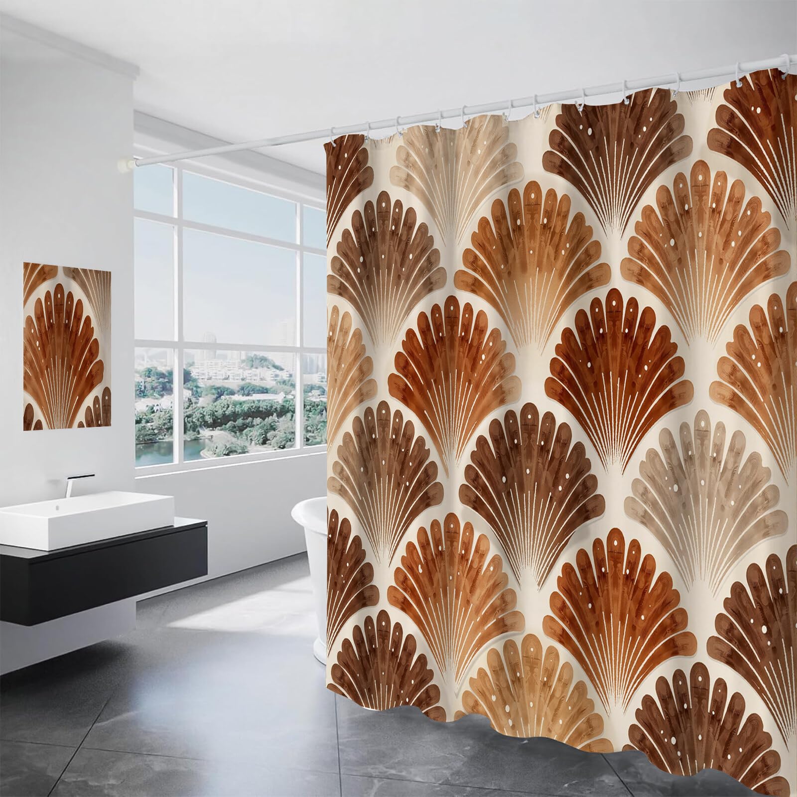 Rideau De Douche Secteur Symétrique Rétro Visuel Tissu Imperméable Lavable avec Crochets Anti Moisissure en Polyester Rideau Douche pour Salle De Bain
