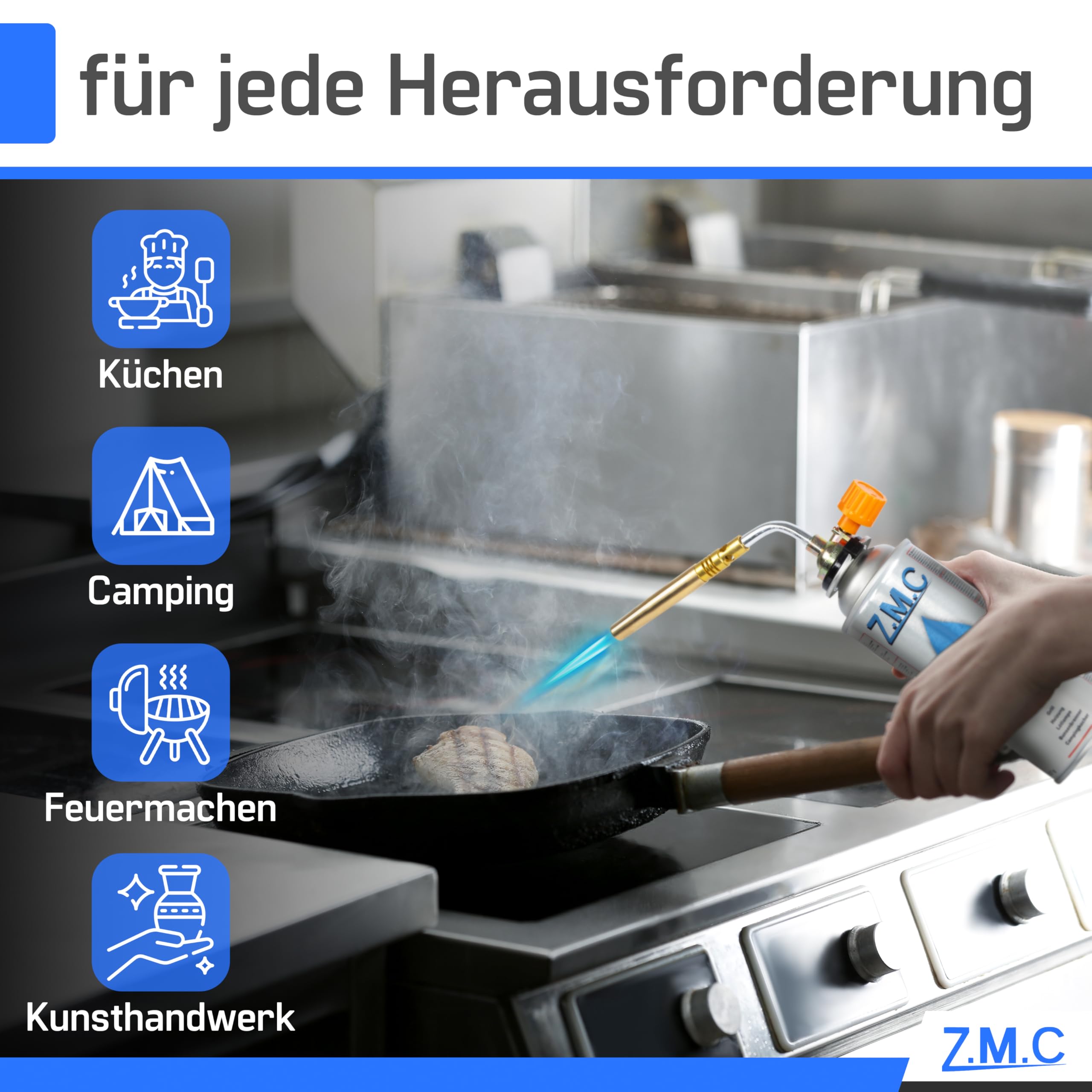 Z.M.C BUSTINAFLAME Gasbrenner 1,65 kW, cannello ossidrico fino a 1371 °C, cannello per saldatura becco Bunsen con fiamma regolabile, dispositivo antifiamma lampada saldatrice ideale per officina
