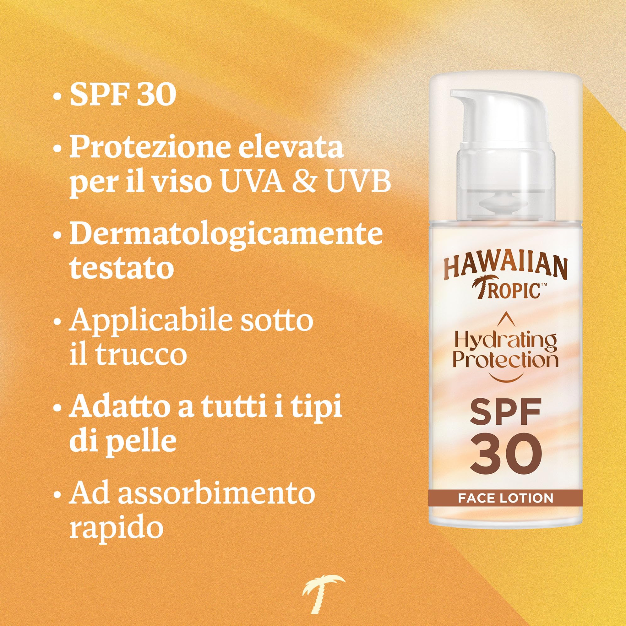 Hawaiian Tropic | Hydrating Protection Lozione Solare Viso SPF 30, Protezione UVA + UVB, 50 ml, 12 ore di idratazione, applicabile prima del Make-Up, Resistente all'Acqua, Vegano