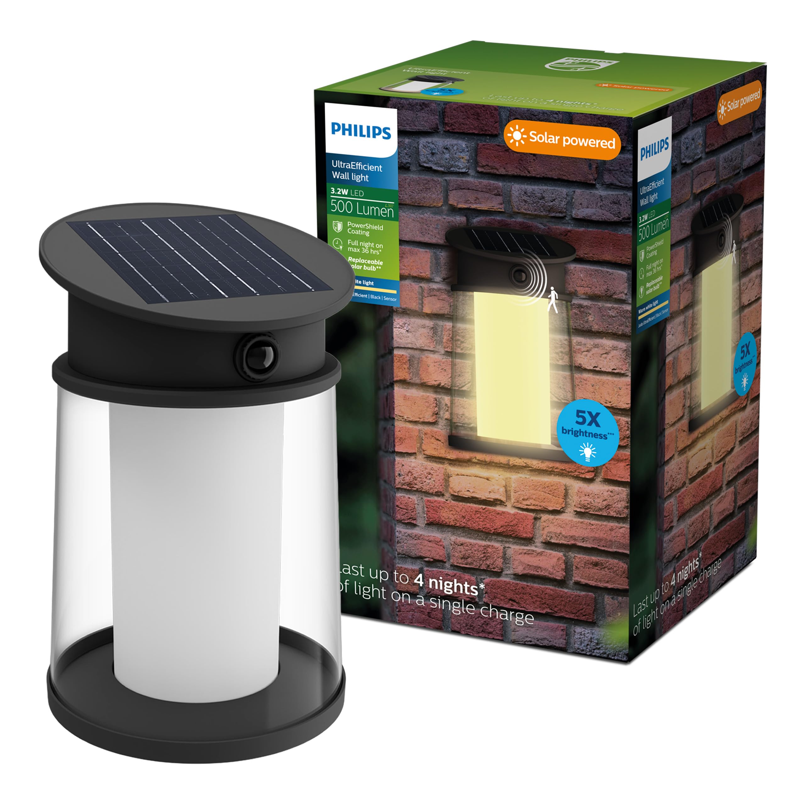 Philips Juda UltraEfficient Outdoor Solar Wall Light, Replaceable Solar Bulb, Motion Sensor, 2700K, Black