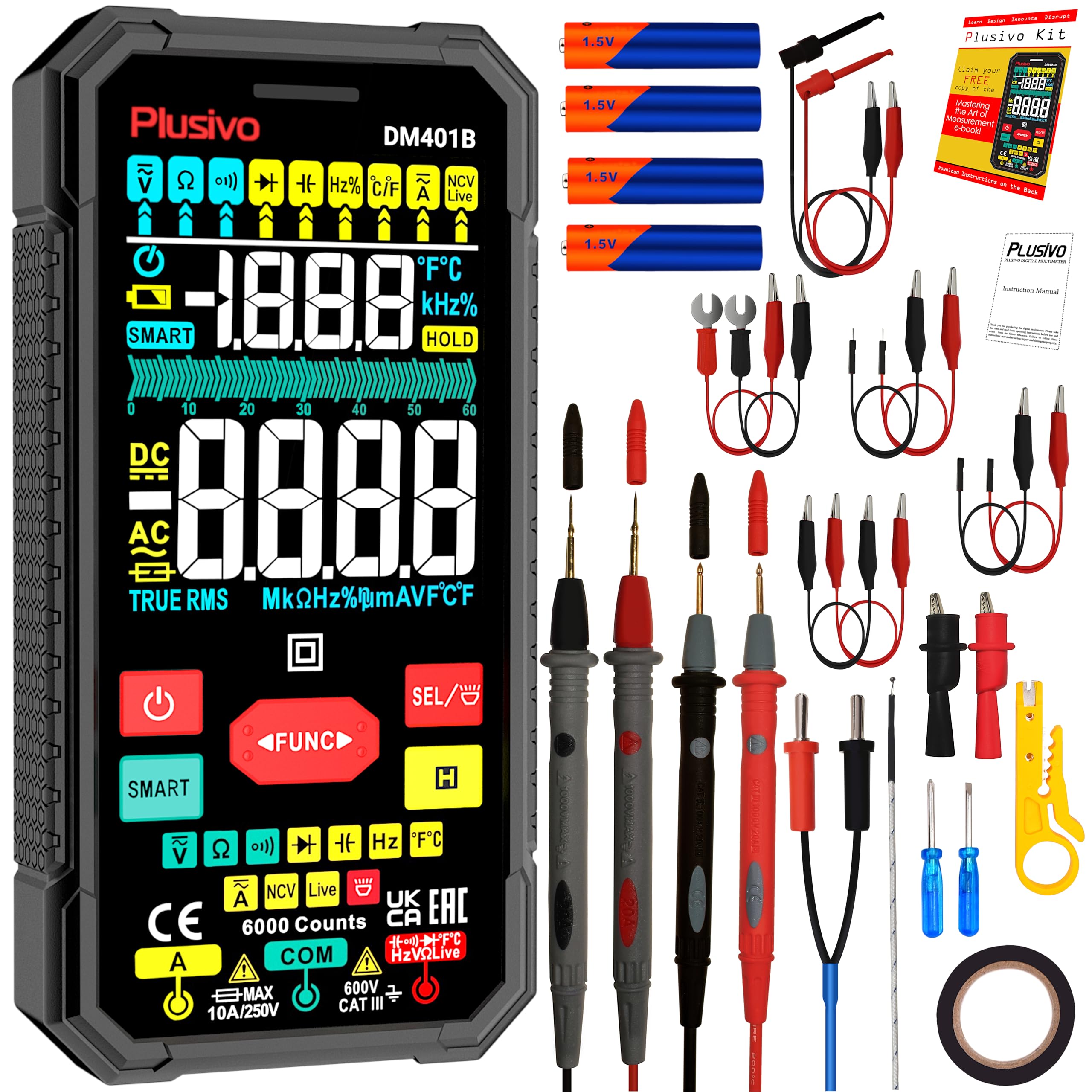 Multimeter 6000 Counts Digital Multimeter TRMS Smart Electrical Tester AC DC Voltmeter Ohm Volt Amp Tests Voltage Current Resistance Continuity Capacitance Temperature Frequency with NCV Live Test