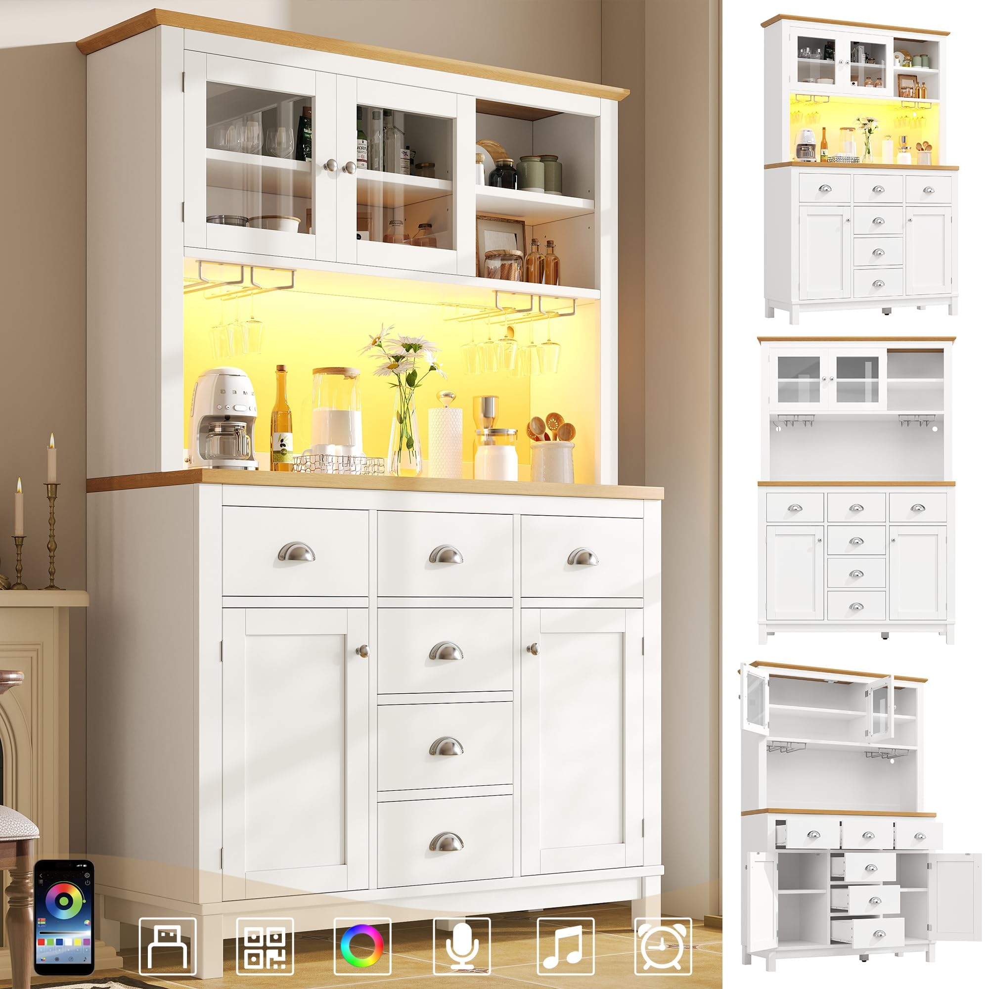 Seitenboard/Aufbewahrungsschrank/Küchenschrank/Buffetschrank, 104x40x180cm, Landhausstil, 4 Türen, mit LED-Lichtleiste & Getränkehaltern, Weiß