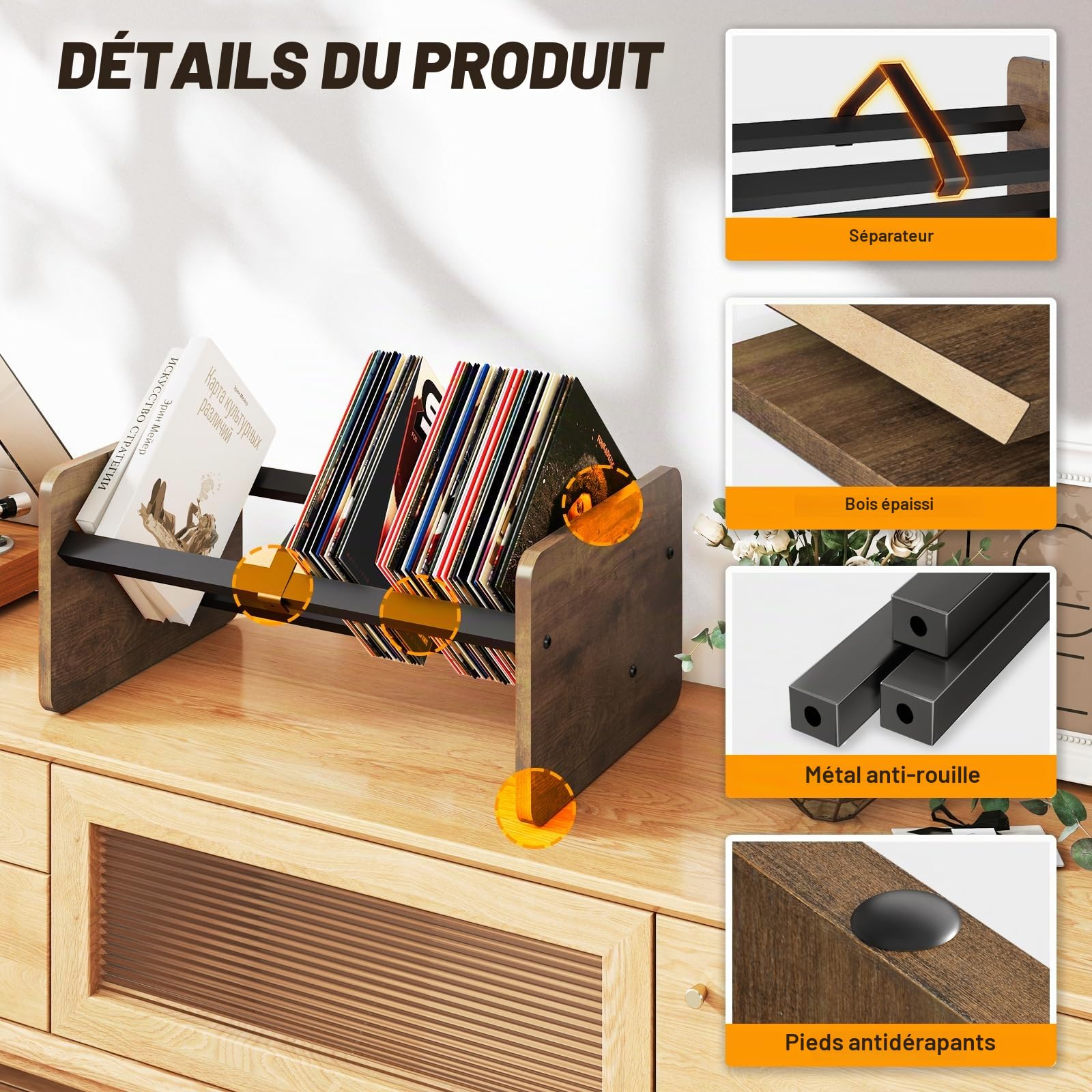 TVON Wooden Rangement Vinyle,Vinyl Storage Stand for 80-100 LPs Records ,Record holder & CD Rack & Albums Displays,Support de rangement pour disques vinyles with Adjustable Divider