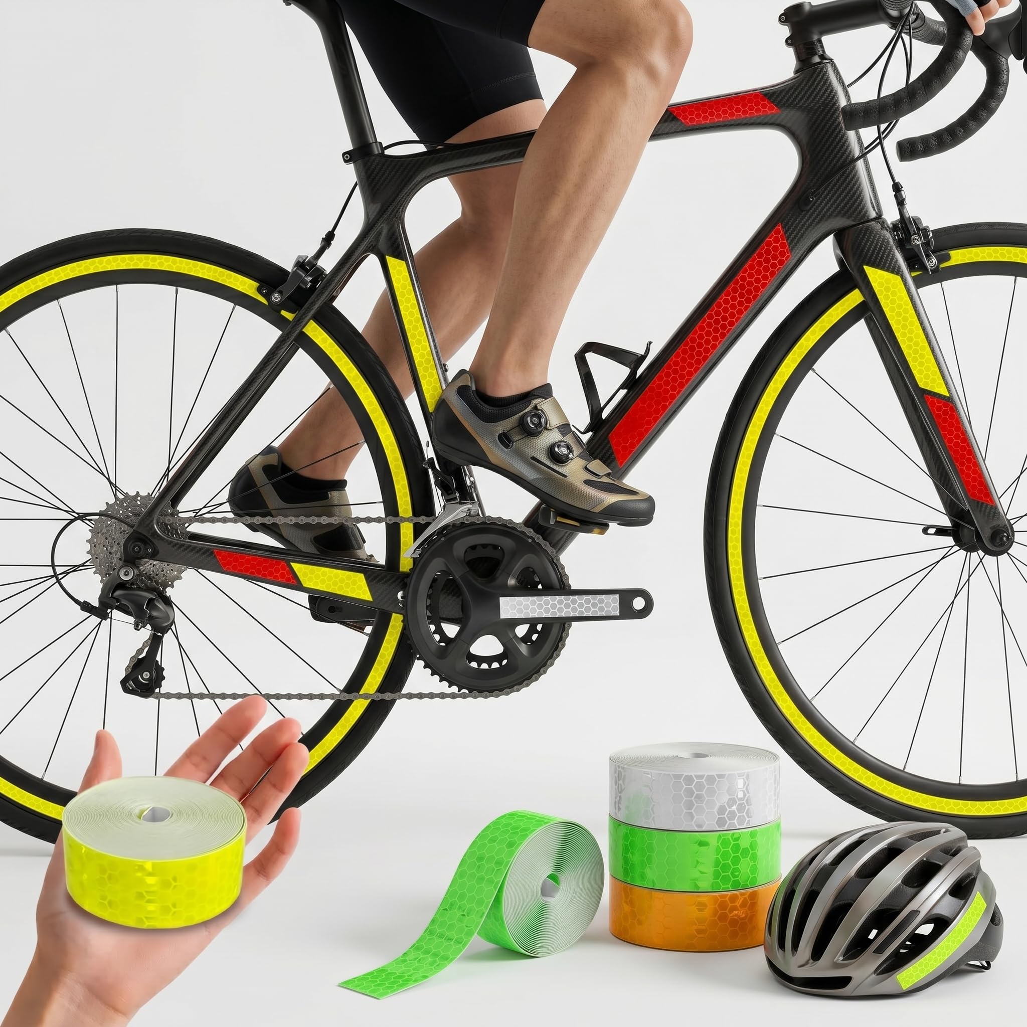 Nastro Catarifrangente Adesivo 25m, Set 5 Rotoli, Colori Rosso, Bianco, Giallo, Verde, Arancio, Alta Riflettenza, Facile da Usare, Adatto per Auto, Moto, Biciclette, Abbigliamento e Accessor
