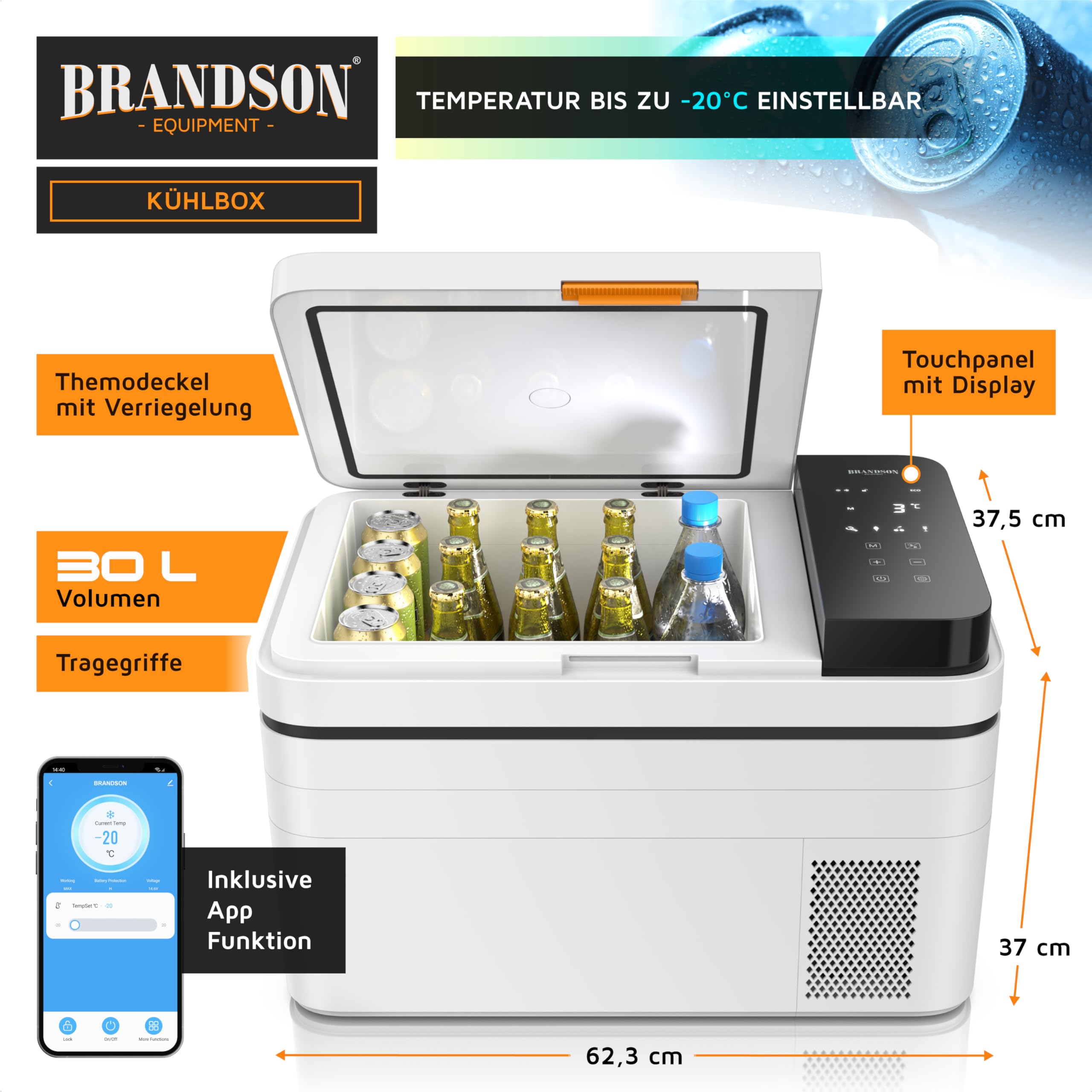 Brandson - Kühlbox elektrisch mit Kompressor – 30 Liter – App Steuerung Bluetooth Tuya Smart – Autokühlbox - 230 V und 12/24 V Gefrierbox Gefriertuhe bis -20°C – ECO Modus – Auto Camper LKW