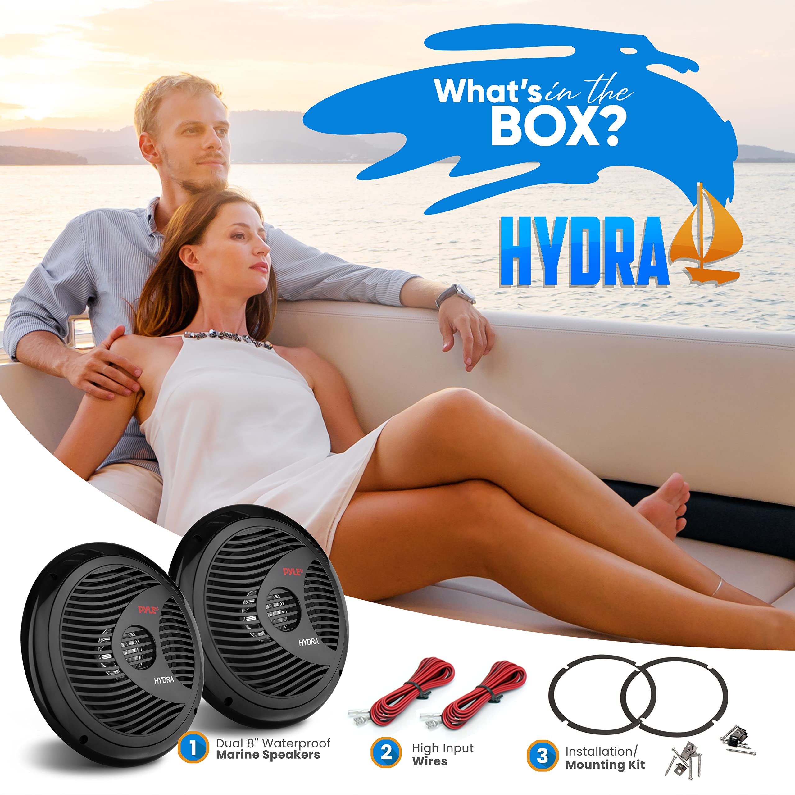 Pyle Altavoces para vehículos Marinos de 8 Pulgadas, Sistema de Altavoces Dobles de 180 W y 4 ohmios Impermeables para automóvil, Cono de Polipropileno con Borde de Goma, imán de 20 onzas, Bobina de