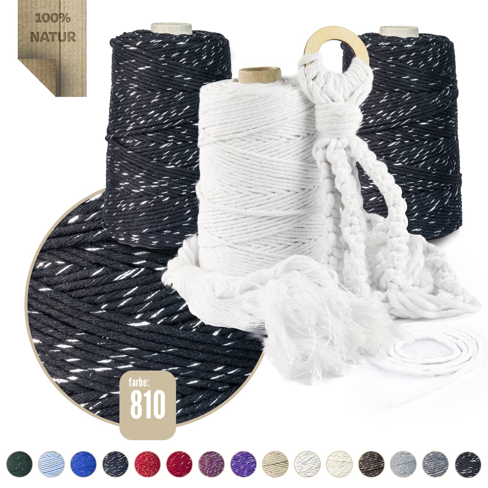 Hilo de macramé prémium, 800 m, 3 mm, negro con hilo plateado, 100 % algodón, cordón natural, hilo de algodón, decoración para manualidades