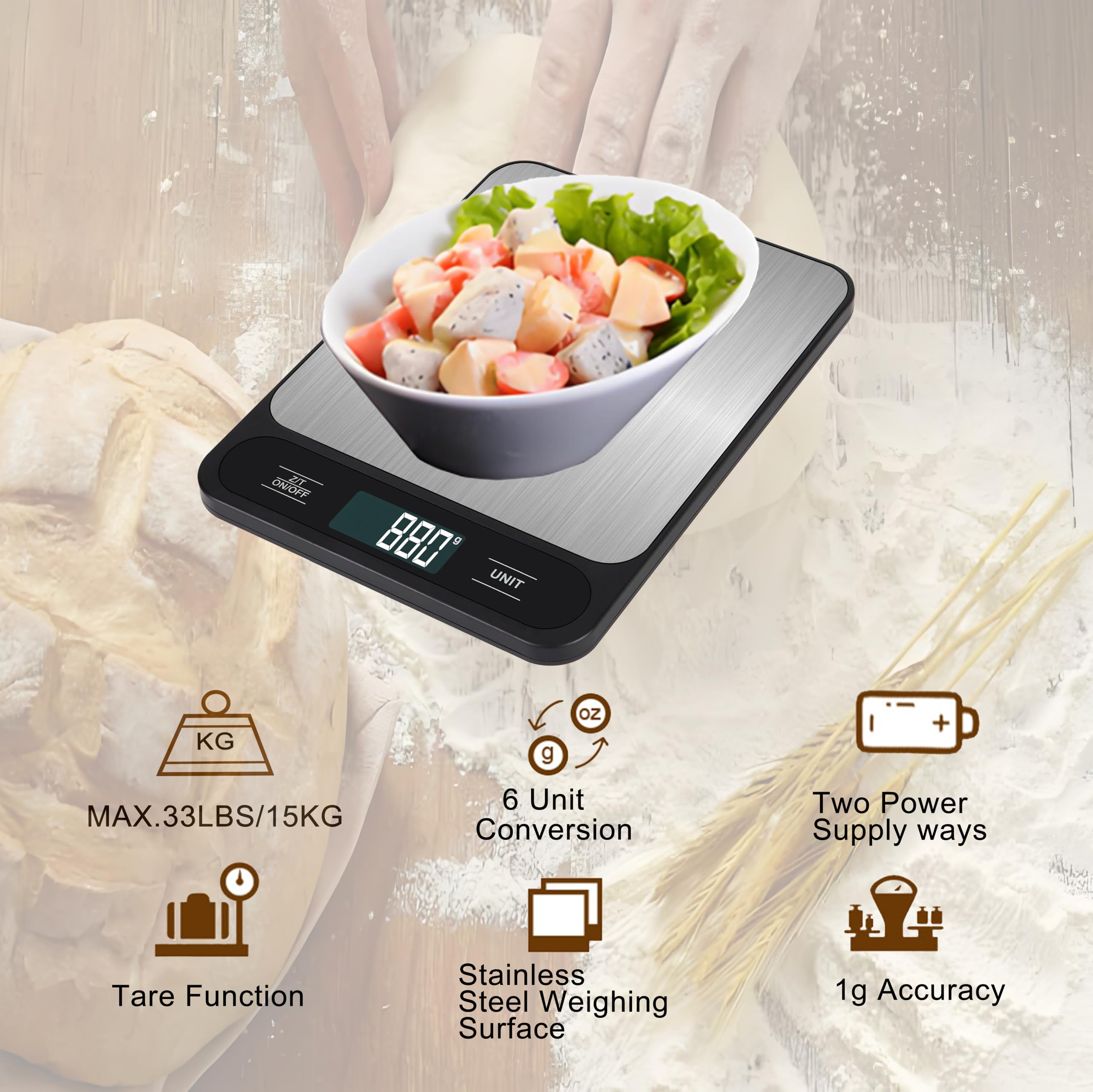 Báscula digital de cocina de 15 kg, báscula de alimentos, peso de alta capacidad en gramos y onzas para hornear, cocinar y preparar comidas, 6 unidades con función de tara, pantalla LCD, acero