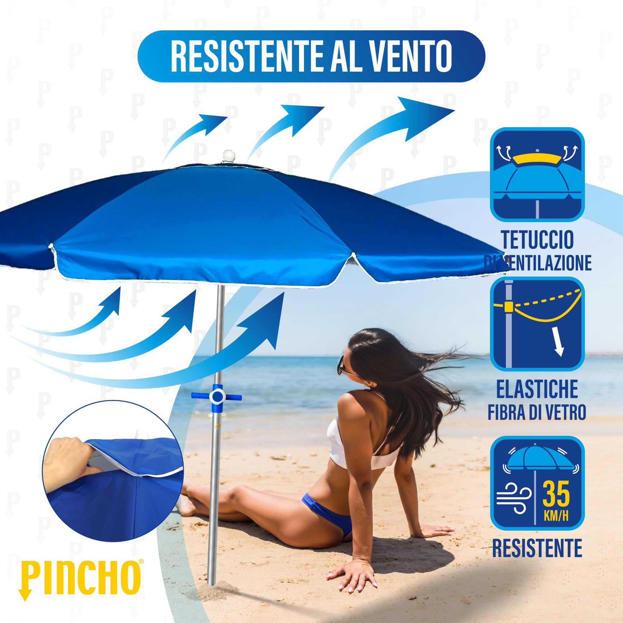 Pincho Ombrellone da Spiaggia Grande 240 cm, Ombrellone Mare Antivento 35 km/h, Protezione UV50, 8 Stecche Fibra di Vetro, Palo Inclinabile, Borsa e Picchetto Inclusi, Struttura Acciaio
