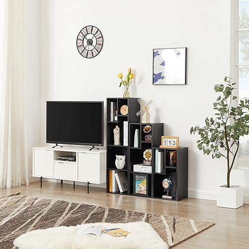 Miniatura 8 de VECELO Estantería pequeña de 3 niveles, estantería de 4 cubos con estantes de diferencia de altura para la mayoría de los libros, unidad moderna de