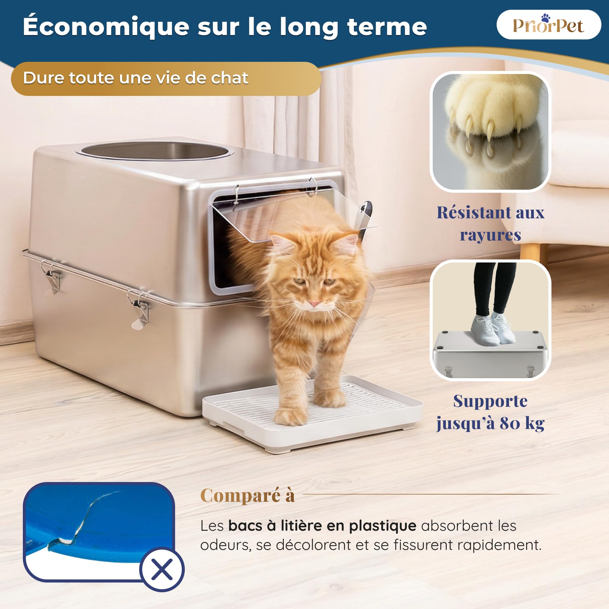 Litiere pour Chat INOX XXL – Bac litière pour Chat avec Porte Frontale & Entrée Supérieure – Grand Bac 60x41,5x40 cm – Facile à Nettoyer & Résistant aux Odeurs avec Marche Récupérateur