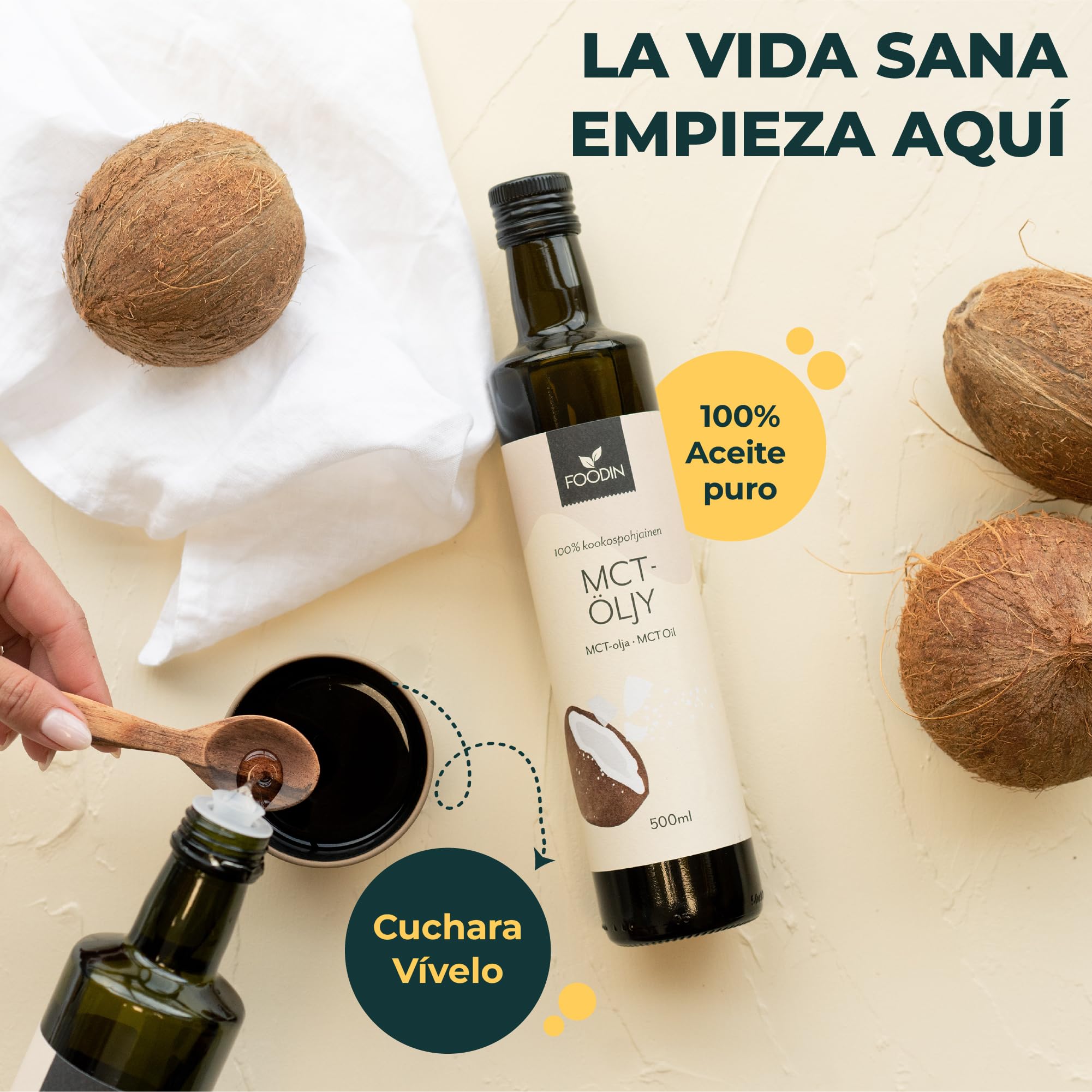 FOODIN Aceite MCT 1000 ml (2 x 500 ml) 100% aceite de coco, triglicéridos de cadena múltiple, vegano, sin gluten, para cetogénica
