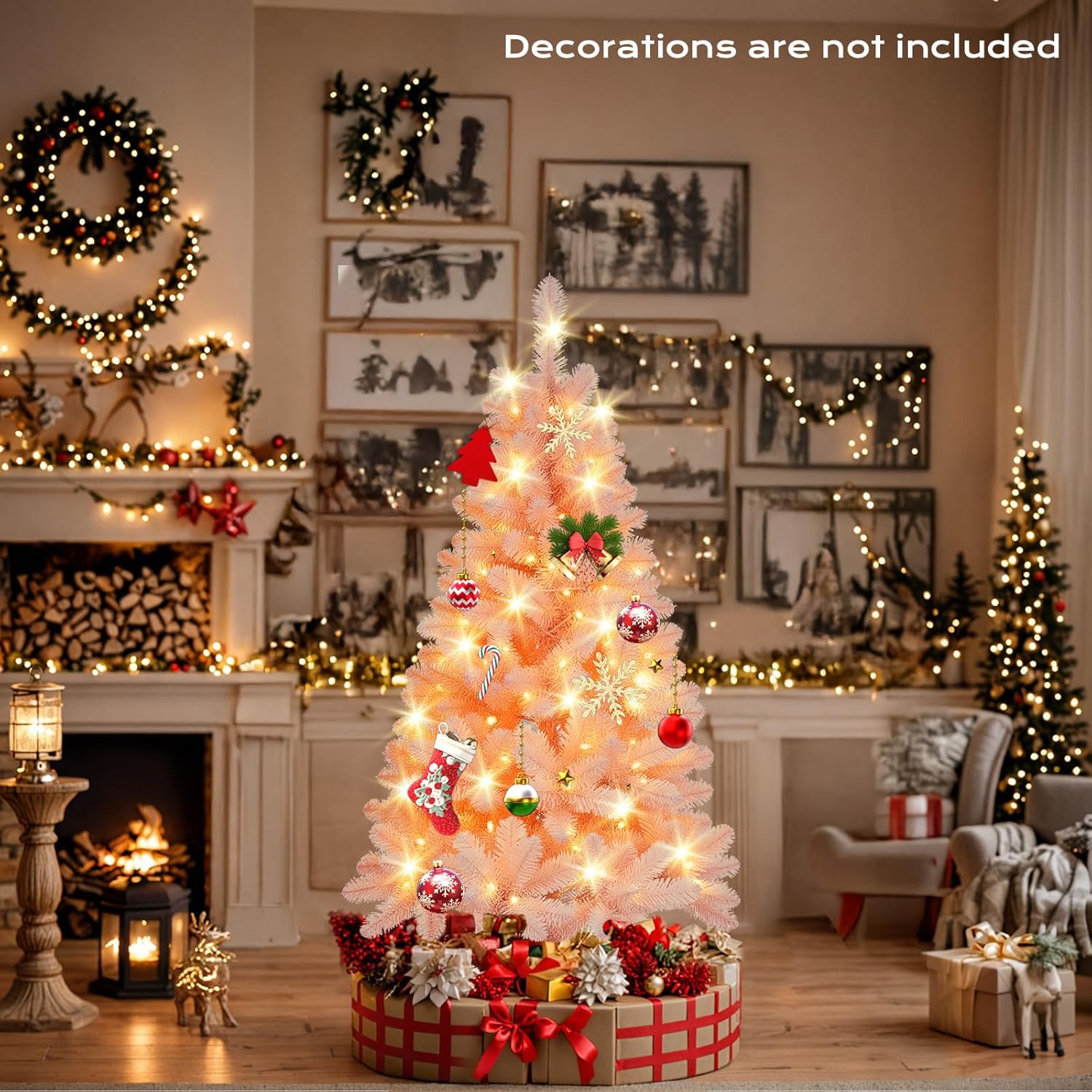 4FT Pre-Lit Pink Pencil Flocked Christmas Tree, 100 LED Spruce Tree with 186 PVC Flocked Tips, 8 Lightning Modes, Hinged Design Foot Pedal Control Pink Xmas Tree for Holiday Home & Office