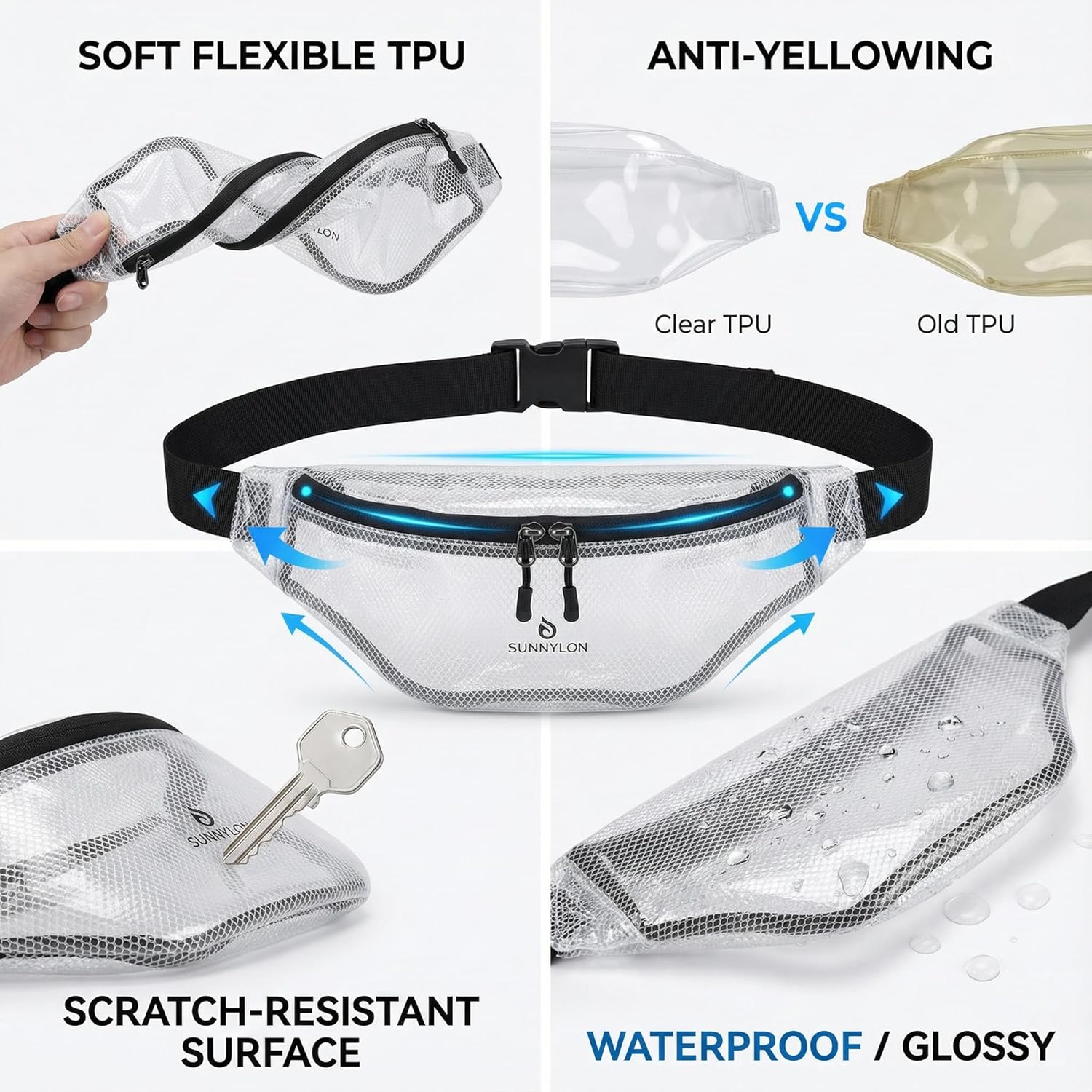 TPU Clear Stadium-Approved Fanny Pack with Wide Adjustable Strap & Reinforced Zippers,Water-Resistant Small Clear Crossbody bag Women & Men,Waist Bag for Festivals, Concerts,Travel & Beach - Image 2