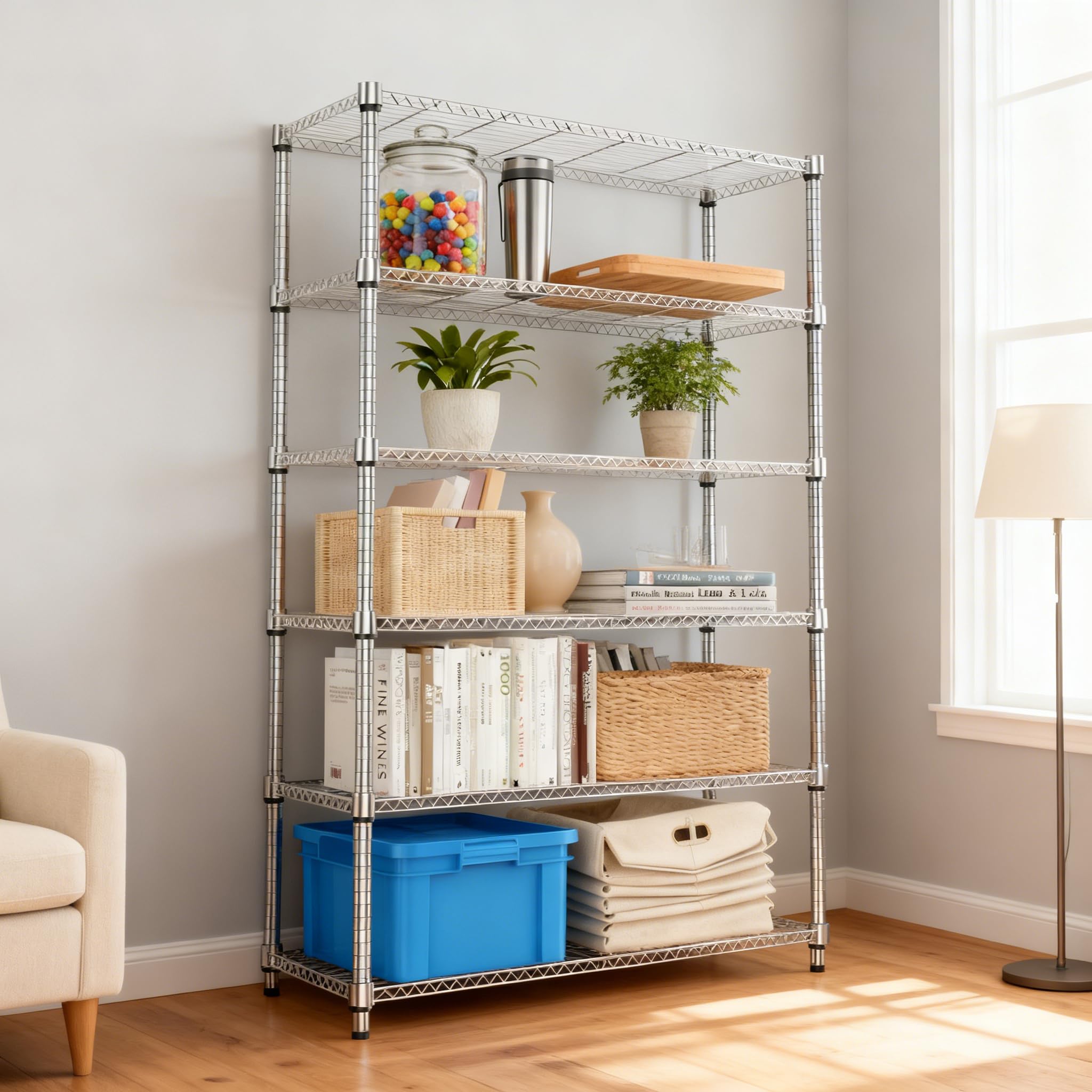 M MZG Scaffale a 6 ripiani, in metallo, per garage, cucina, bagno, lavanderia, portata massima 953,4 kg, cromato, 45 x 120 x 209,2 cm