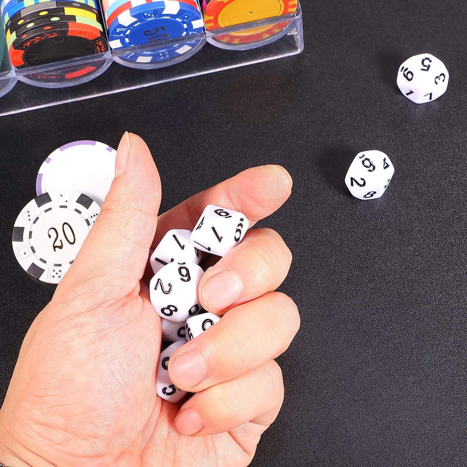 TecUnite 25 Pieces Polyhedral Dice Set with Black Pouch Compatible with DND RPG MTG and Other Table Games with Random Multi Colored Assortment (White with Black, 10 Sides)