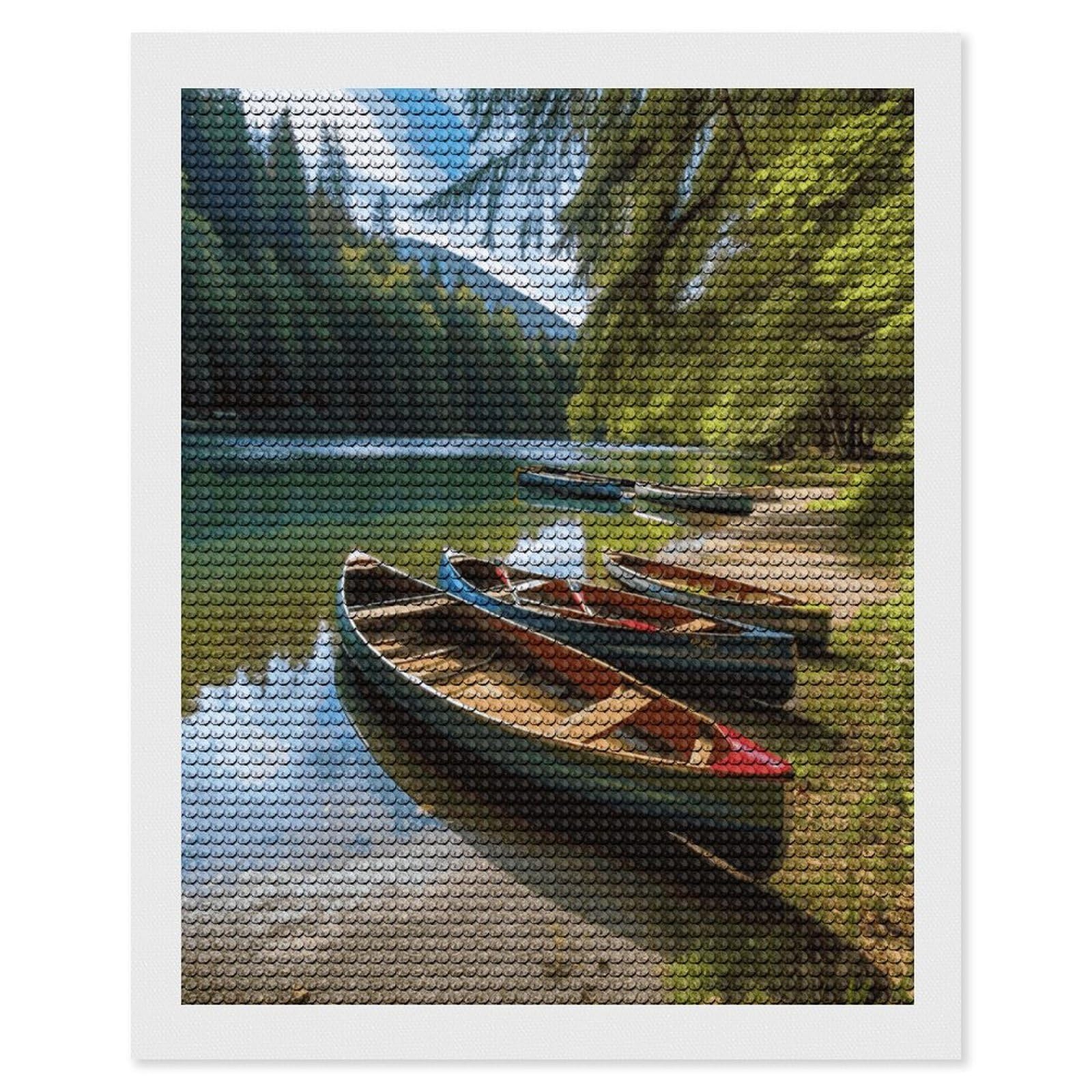JTREHY Lake with Boats Canoes Park Diamond Art Kits Personalized DIY Round Diamond Painting Kits for Beginner Full Drill Diamonds Dots Paintings for Adults Gem Art Crafts Home Decor