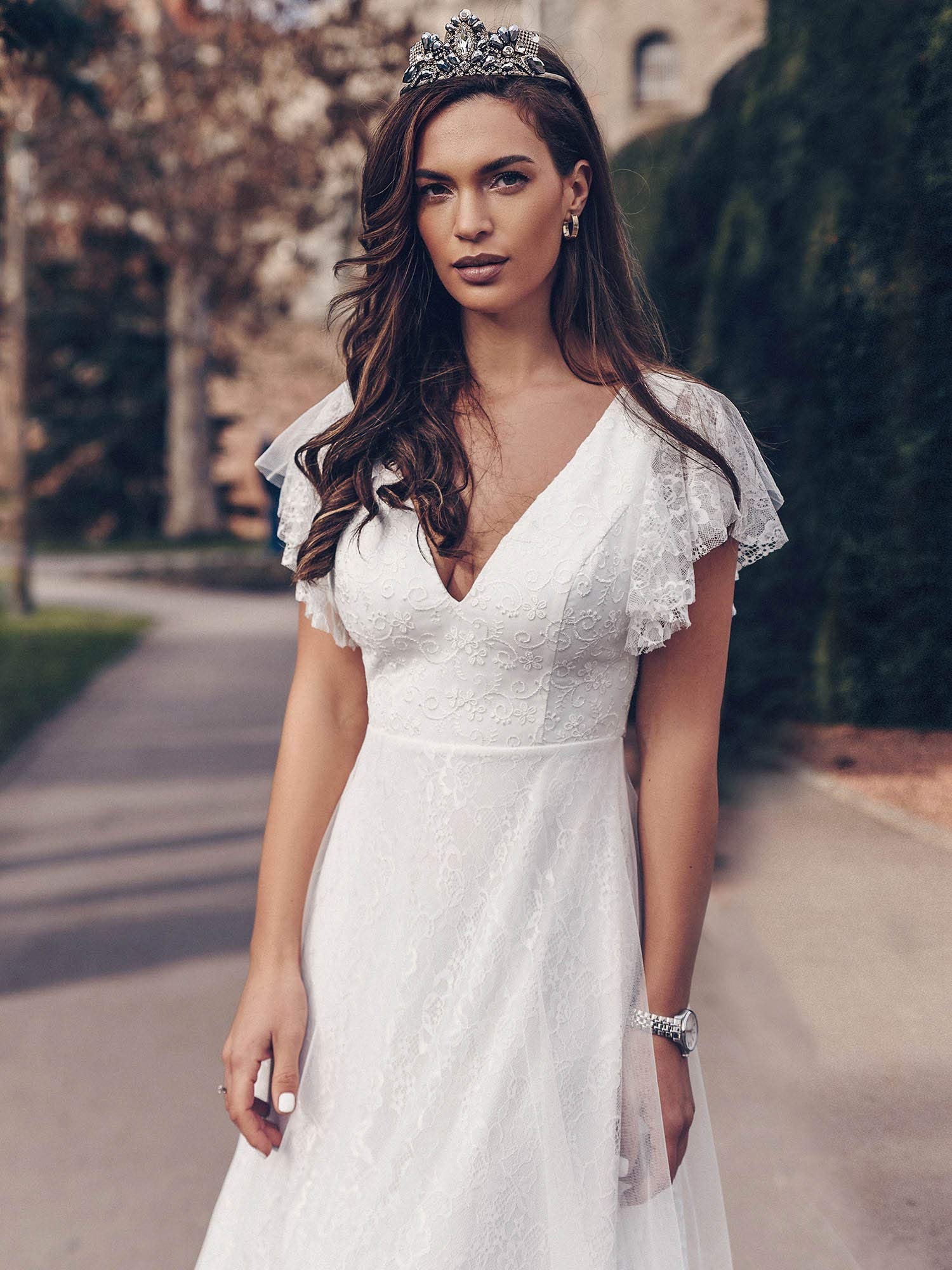 Ever-Pretty Encaje Tul Vestido de Fiesta A-línea Cuello en V Manga Corta Corte Imperio para Mujer 00857