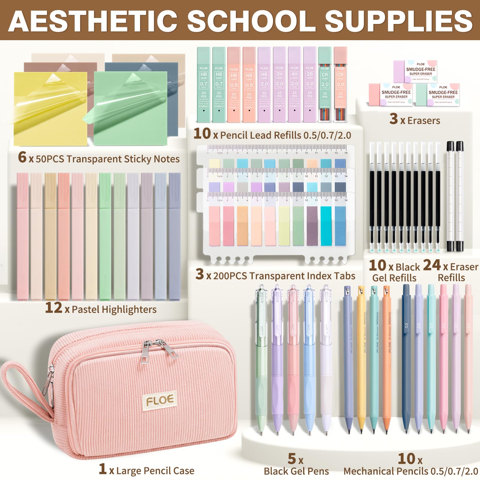 62 articoli estetici per la scuola, articoli essenziali per il rientro a scuola, set di cancelleria preppy con astuccio grande, evidenziatori pastello, penne gel, matite meccaniche per studentesse