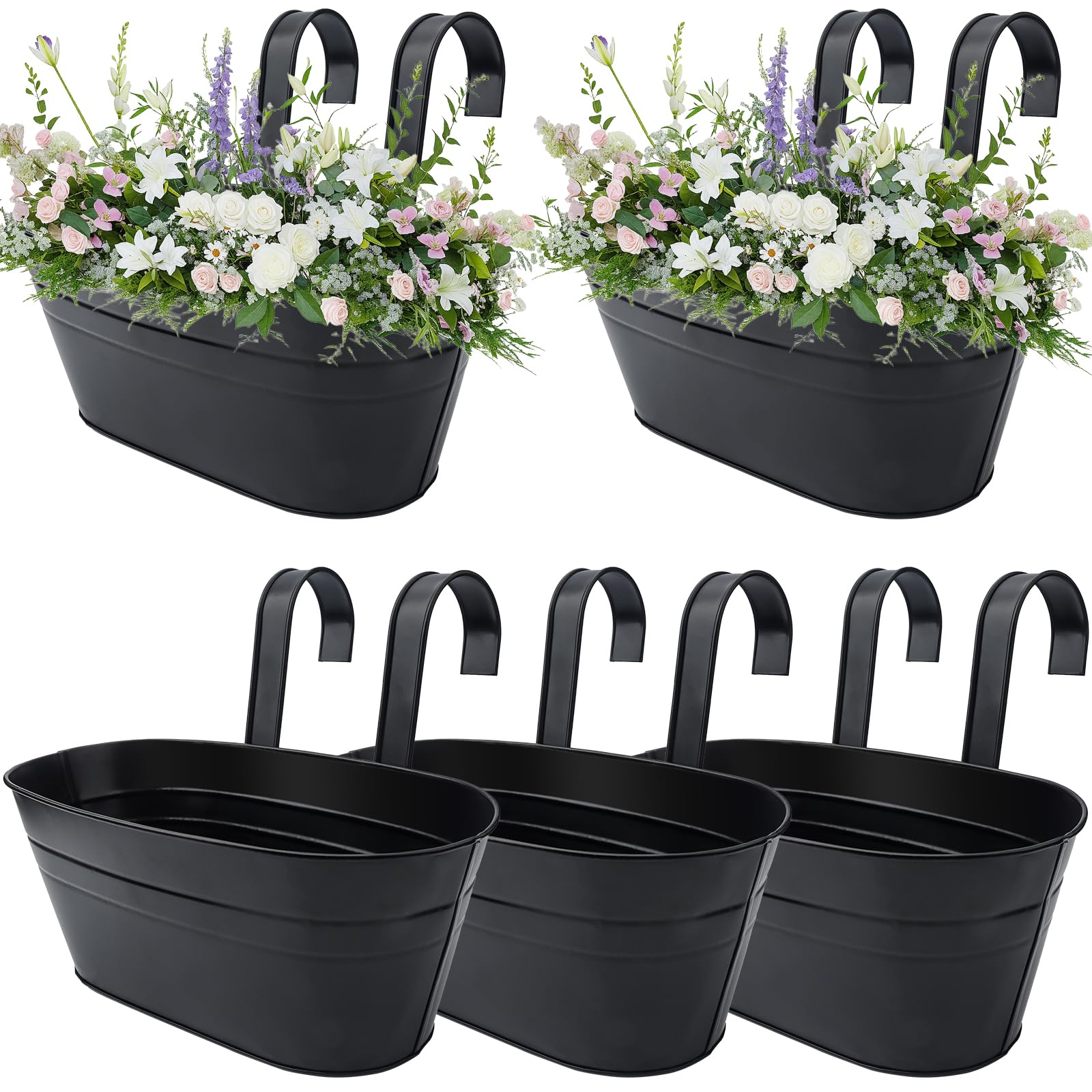 Roellgs 5Pcs Metal Hanging Flower Pots, 28.5cm Large Plant Pots Hanging Flower Bucket with Detachable Hook for Balcony Fence Garden Home Decor (5, Black)