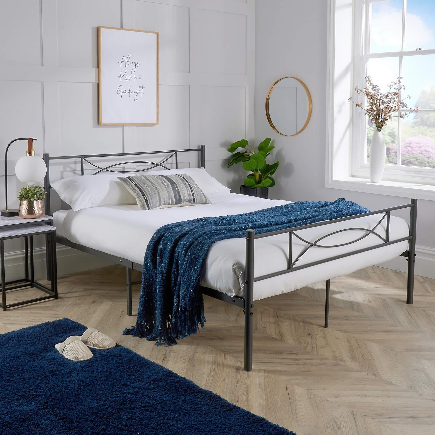 Home Source Slatted Bedframe, Powder Coated Matt Dark Grey Metal Frame, 4ft Small Double