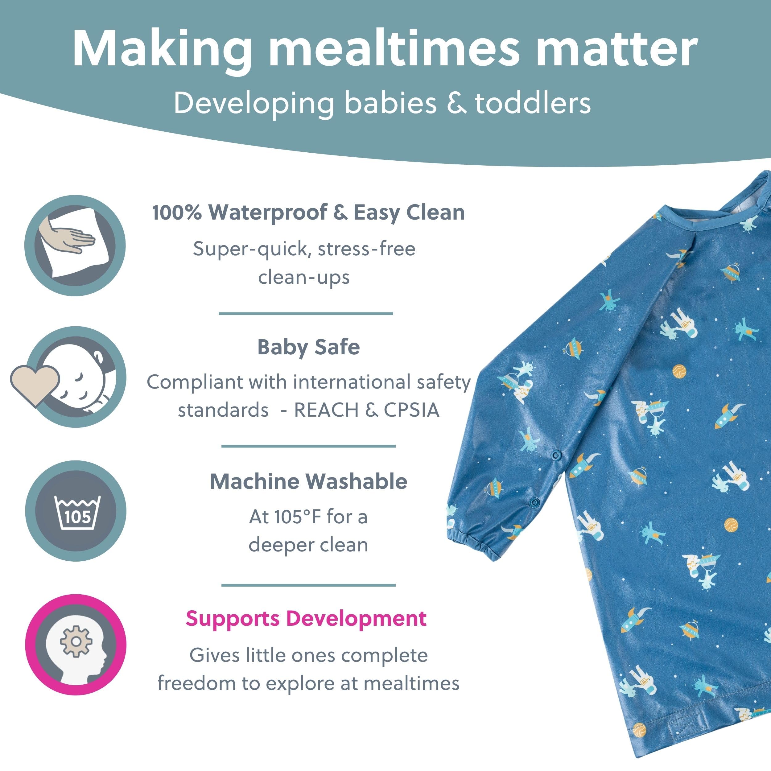 BIBaDO Bavoir à manches longues pour bébés et tout-petits de 6 à 36 ans. Bavoir anti-désordre pour bébé qui se fixe aux chaises hautes, poussettes, tables. 100% imperméable, lavable en machine