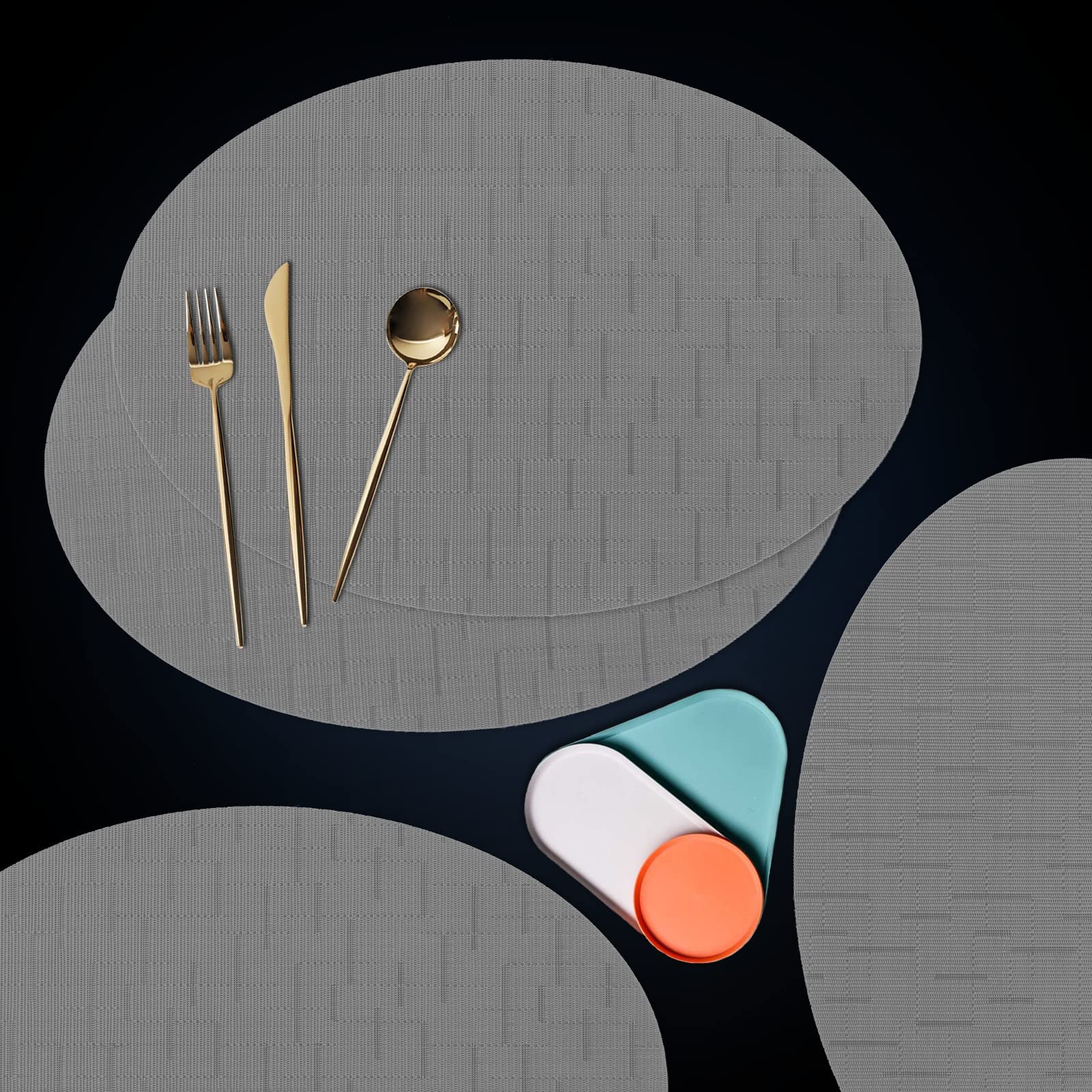 AHHFSMEIPlacemats for Dining Table Woven Vinyl Plastic Place Mats Non-Slip Heat Insulation Stain Resistant Table Mats Washable Easy Clean 18.8x13 inches Placemats (Black, 18.8 x 13 inches Set of 6)