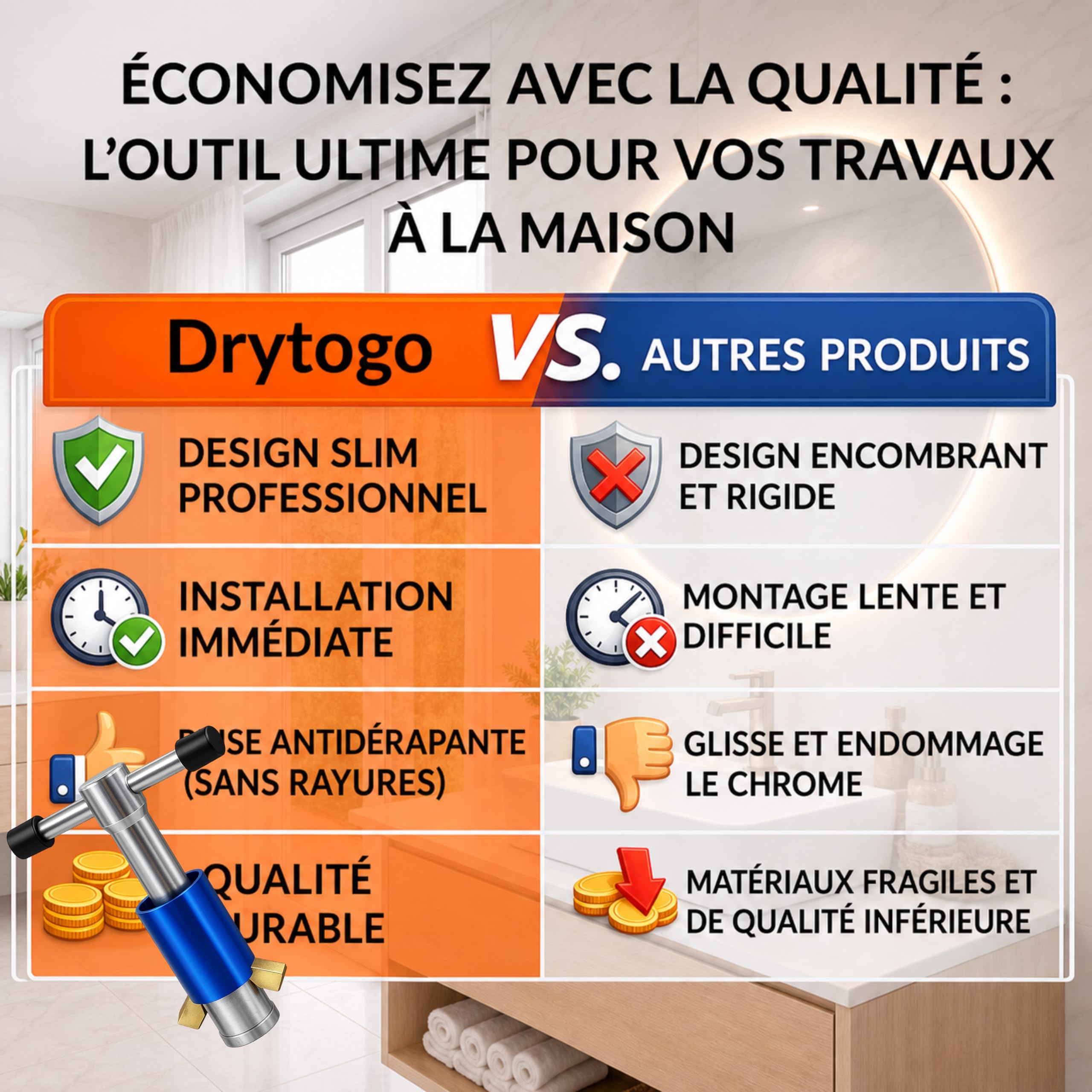 Clé à bonde universelle 1" et 1 1/4" | Clé de montage pour bonde lavabo et bidet | Outil plomberie professionnel en acier galvanisé pour installation vidage I Drytogo