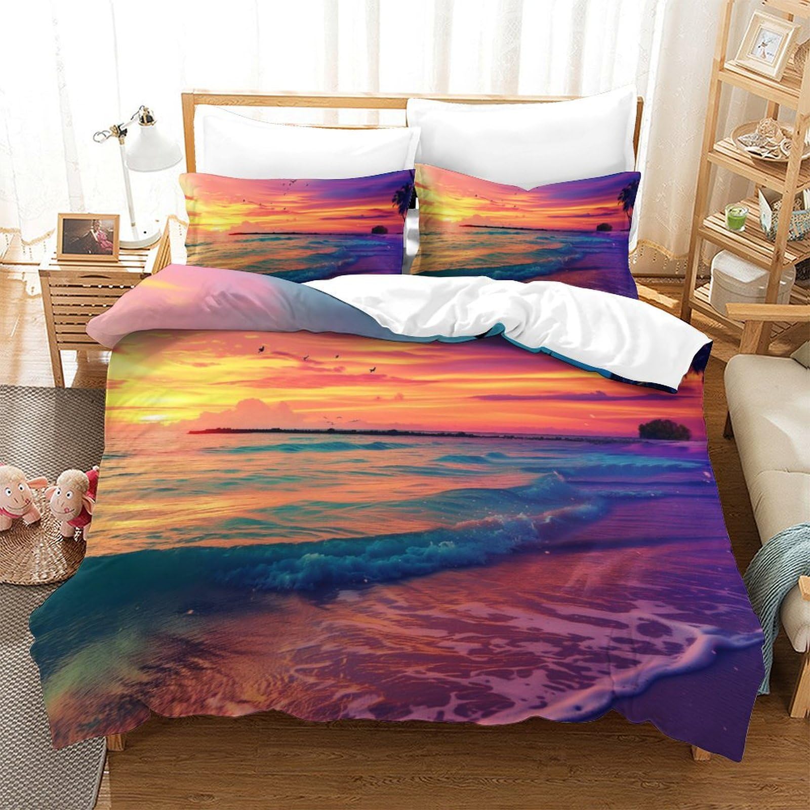 Linge de Lit 3 Pièces Fille de Plage en Microfibre Anti-Plis Housse de Couette 200x200cm