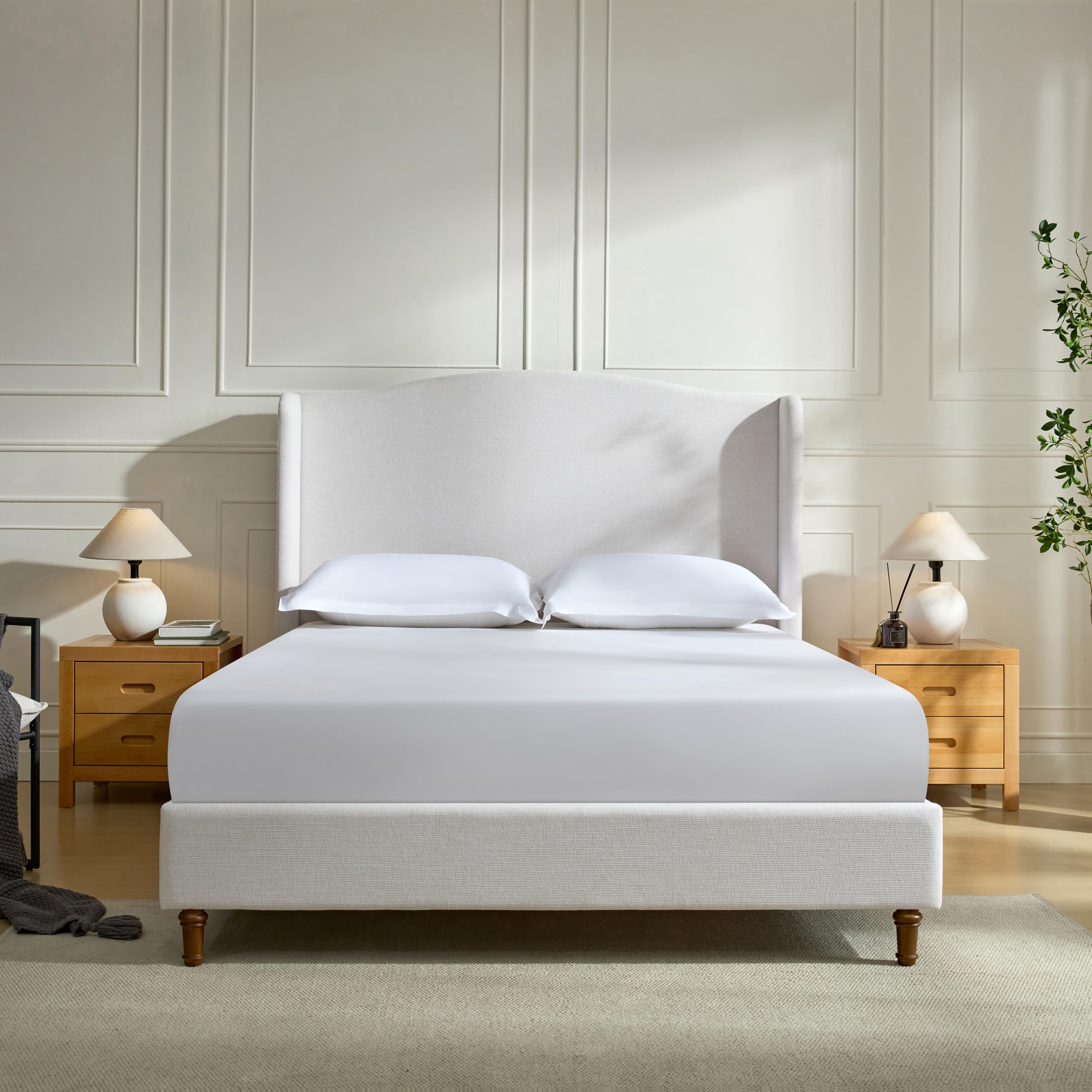 Hannah Upholstered Wingback Bed Size King/Tall 54" Headboard Upholstered King Bed/Premium Textured Canvas Chenille Look Ivory/Minimalist Designs/No Box Spring Needed/Easy Assembly/King