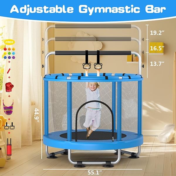 ZCMHAXJ 55" Trampoline for Kids with Enclosure, 440lbs Capacity Indoor & Outdoor Toddler Trampoline with Adjustable Gymnastics Bar & Toys, for Boys & Girls - 4