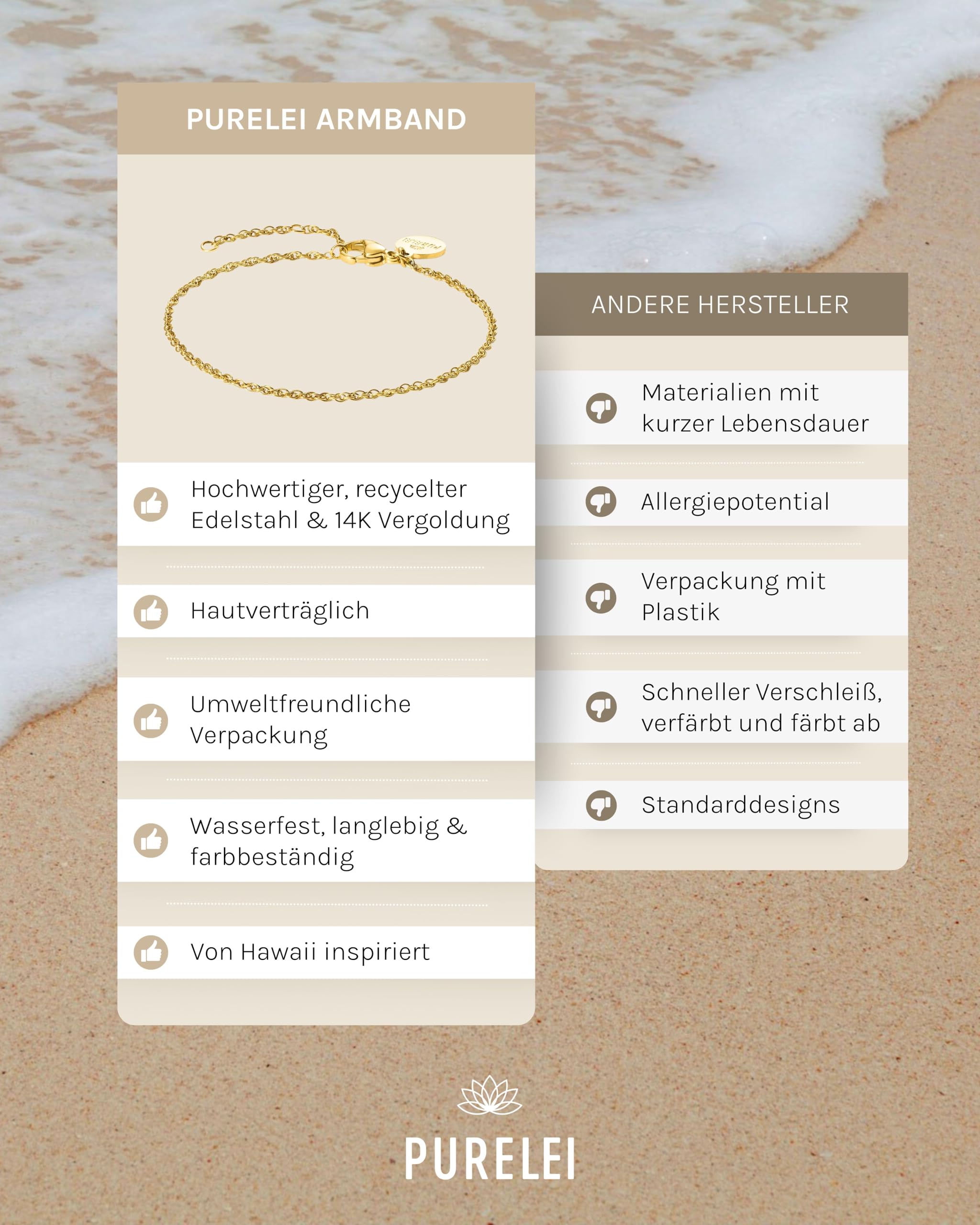 Purelei Brave Armband (Gold, Silber, Rosegold), Filigranes wasserfestes Armband für Damen, Schlichtes Armband aus Edelstahl, Geschenk für Frauen, 16-19 cm Länge verstellbar
