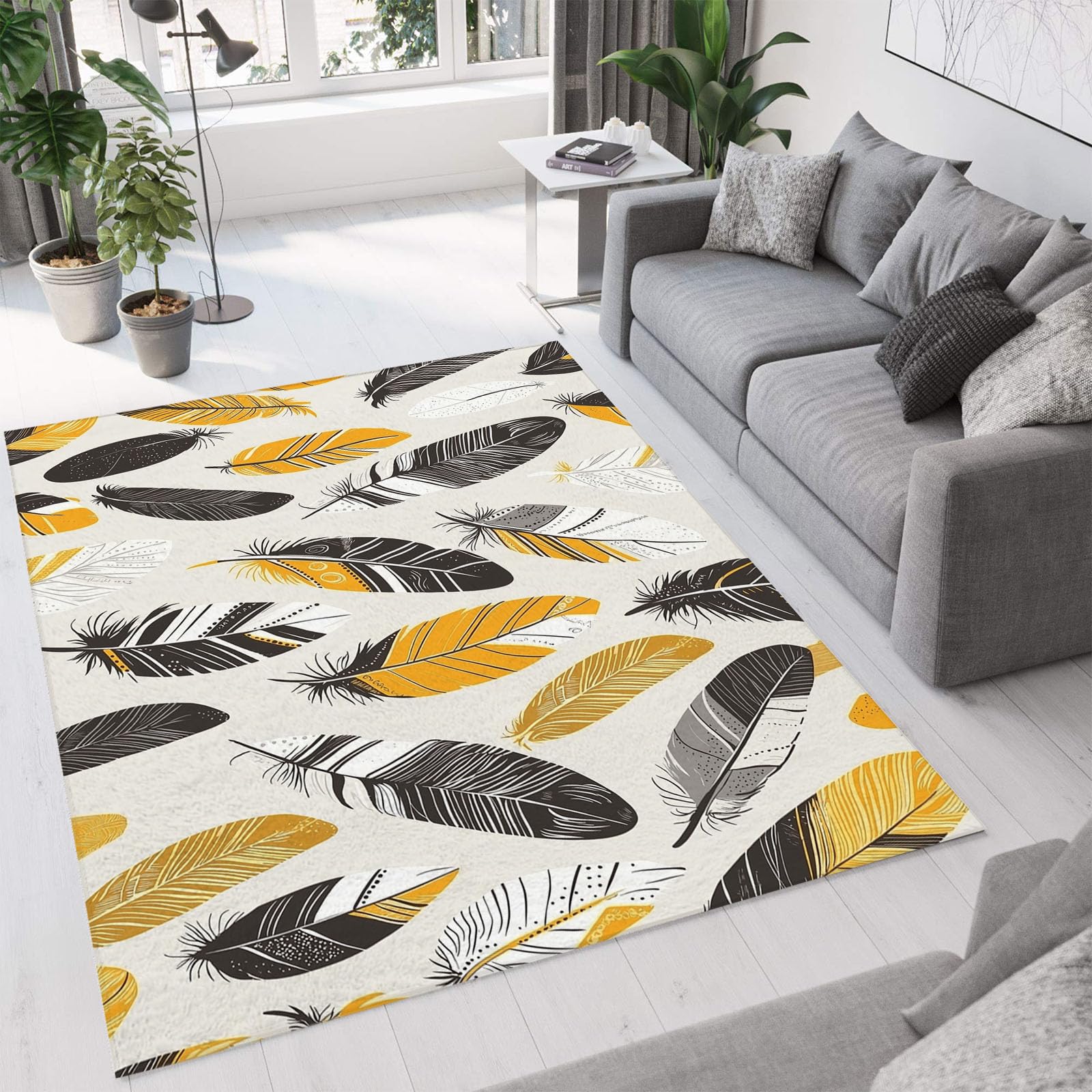 Teppich Senfgelb Feder rutschfest Waschbar Teppiche, Böhmen Abbildung Druck Raumteppich für Schlafzimmer Kinderzimmer Esszimmer Kurzflor Elfenbein Wohnzimmer 80x150cm Schlafzimmerteppich