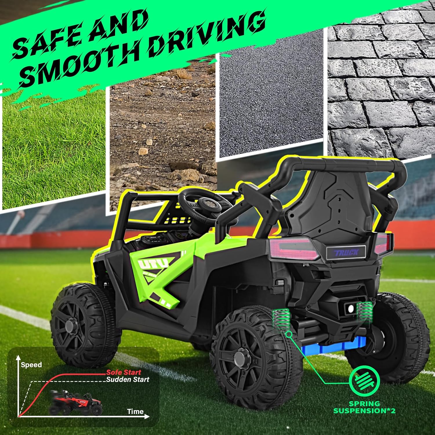 Joywhale 12V Kids Ride on Toy Car, Battery Powered Electric Off-Road UTV Truck with Remote, 12 Volt Kids UTV for Toddlers with 3 Speeds, Music, Safety Belt, Suspension, LED Lights, Green