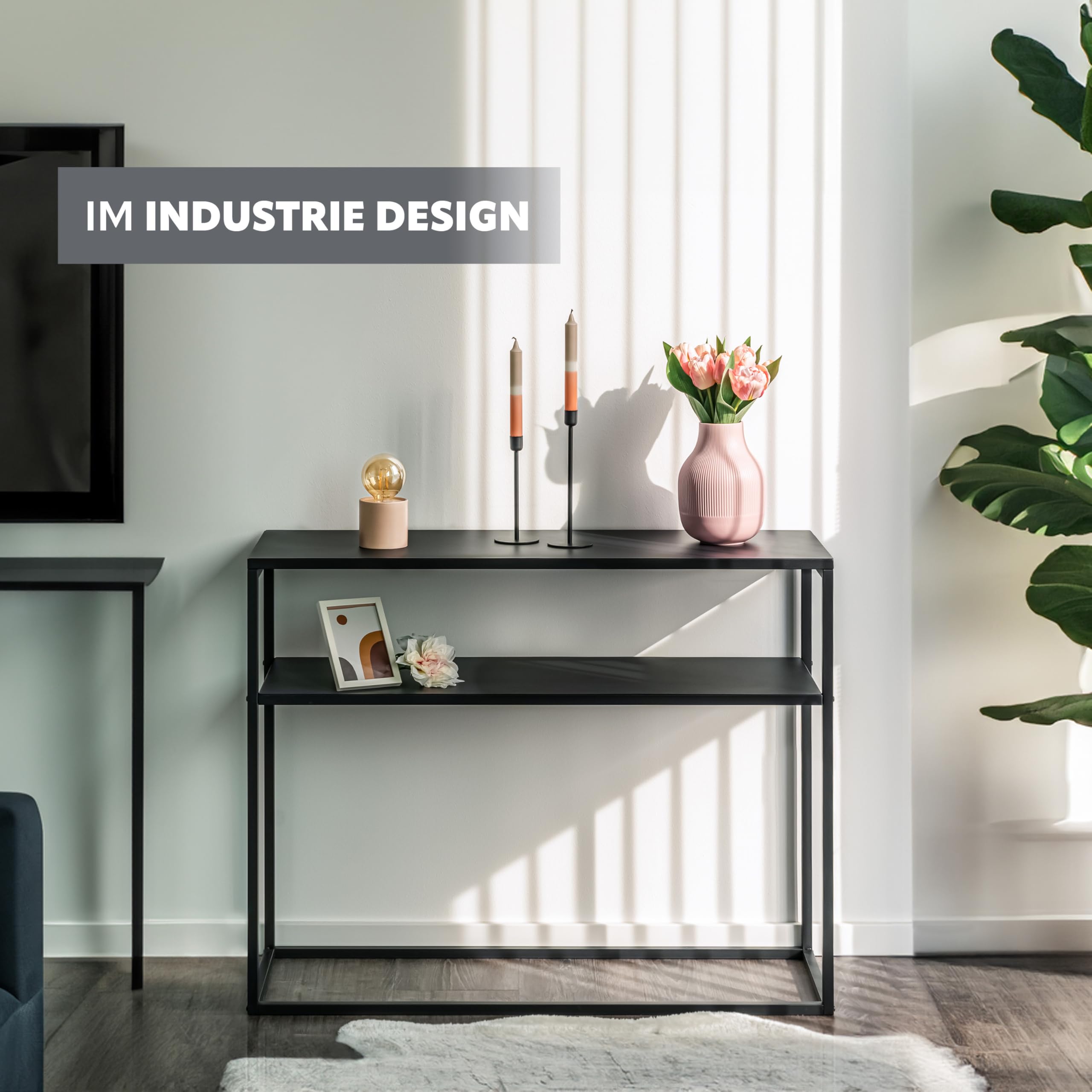 bremermann Table Console avec étagère, étagère sur Pied, Tabouret à Fleurs en métal (Noir)