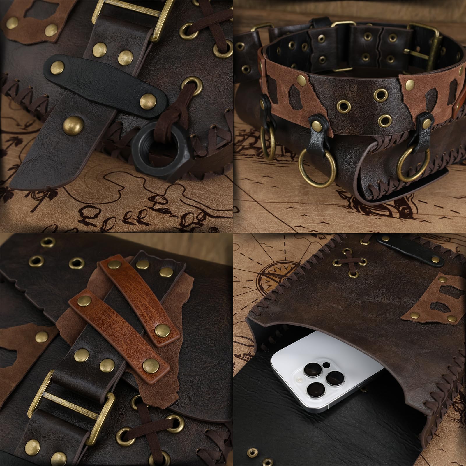HiiFeuer Mittelalter Wüsten Gürteltasche, Renaissance-Gürtel aus Kunstleder mit Steampunk-Gürteltasche für postapokalyptische Kleidung(Braun A)