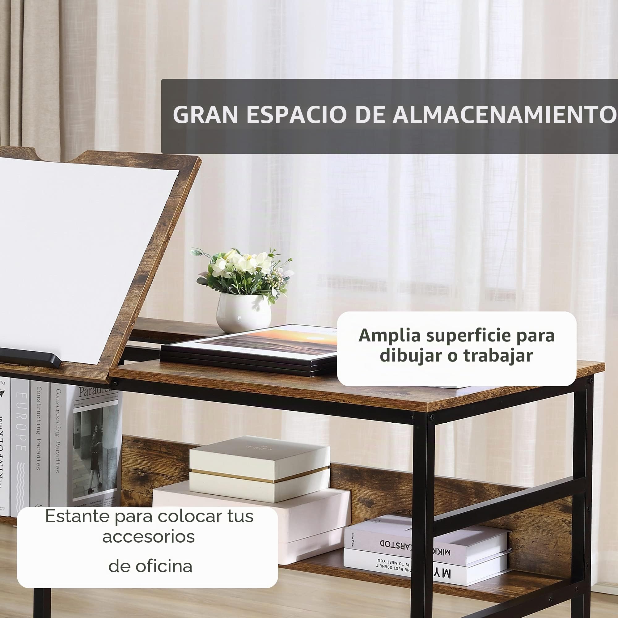 HOMCOM Mesa de dibujo ajustable 15 niveles tablero inclinable Marrón | Mesa de dibujo, estación de trabajo para pintar, escritorio multifuncional, estante de almacenamiento, Home Office.