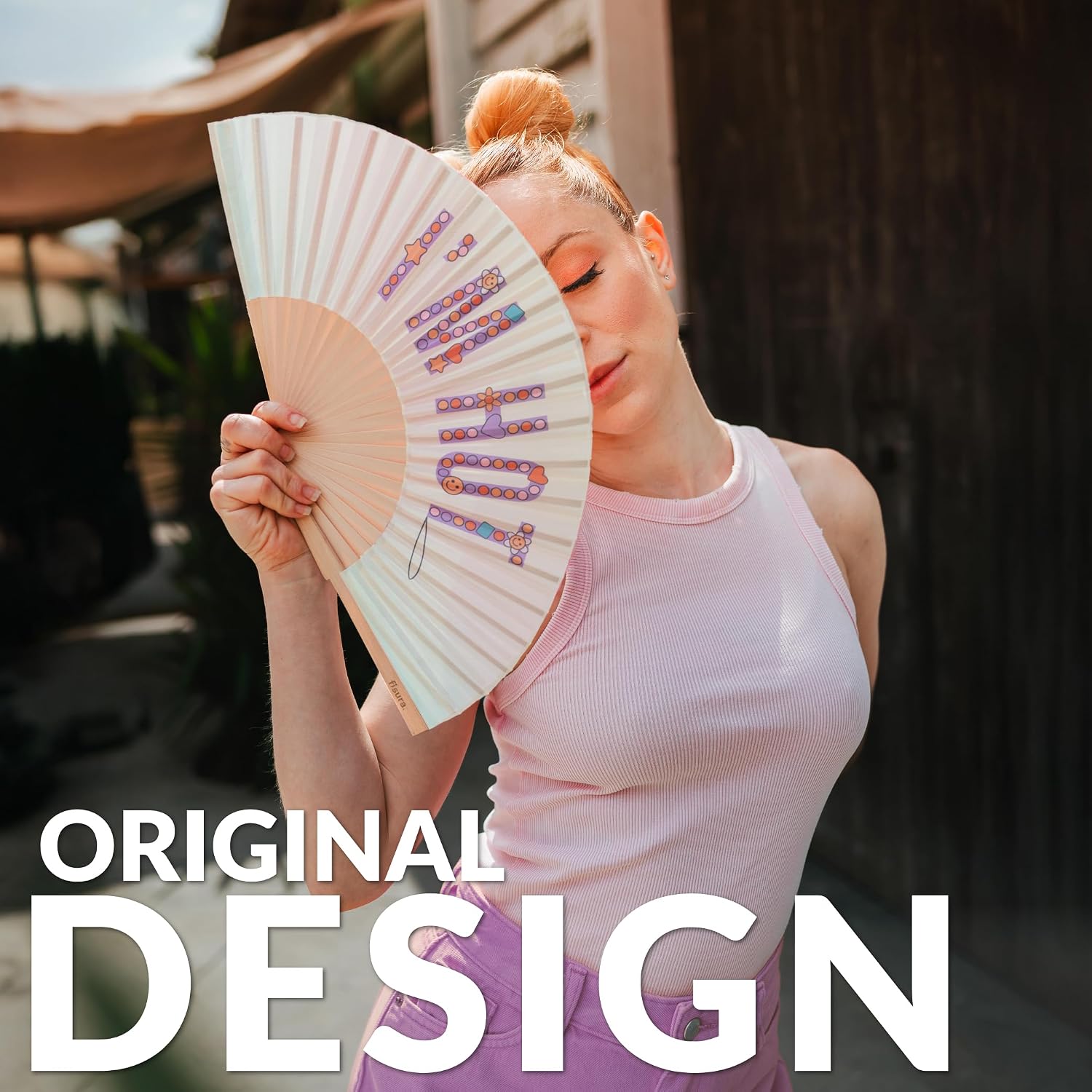 Fisura – Original Folding Fan I'm h*t, Wooden Hand Fans for Women Foldable Beige Design for Raves, Festivals, Weedings, Hanger Included - Size: 16.7 x 9 inches image 2