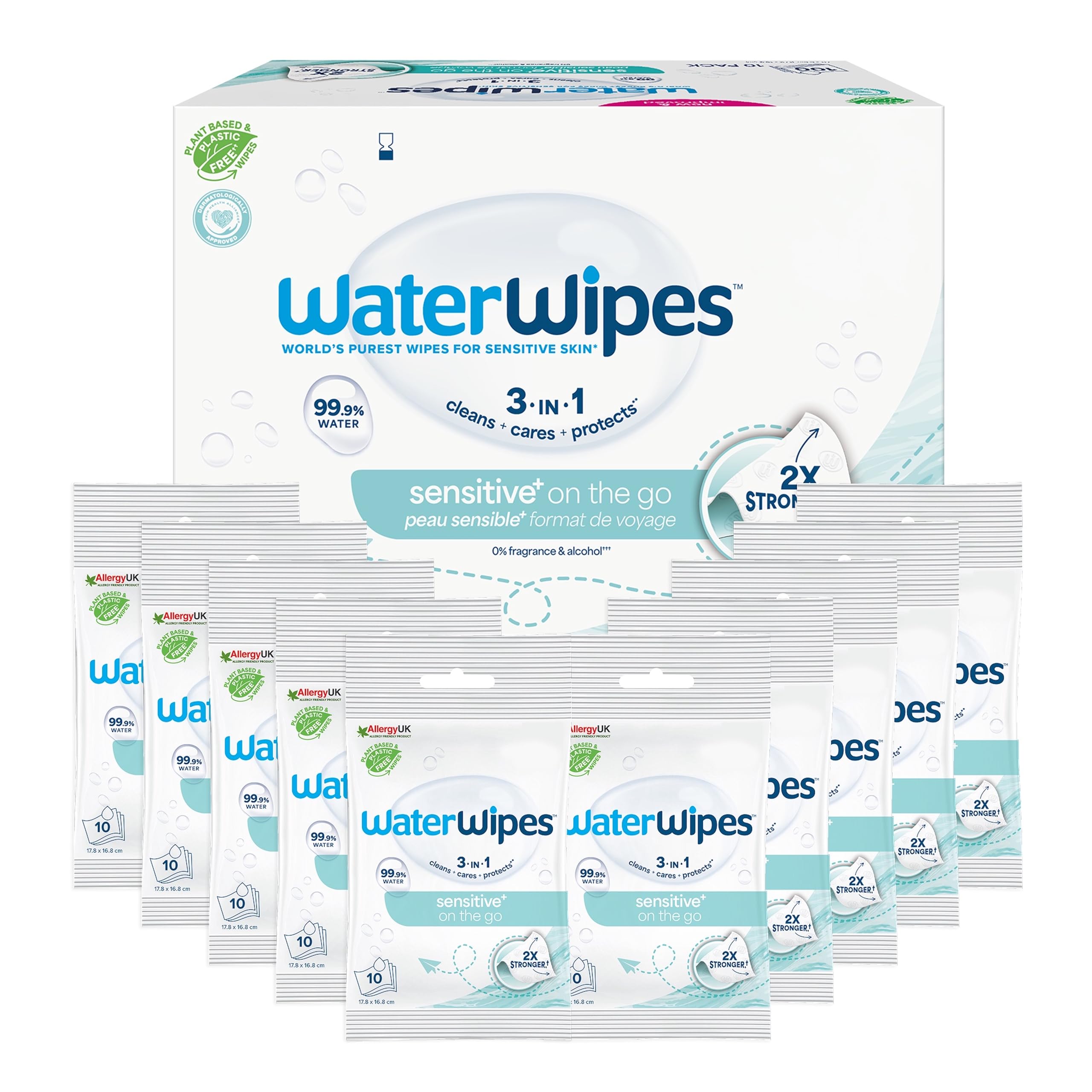 WaterWipes Sensitive+ On The Go Wipes, 100 Count (10 Packs), 3-In-1 Cleans, Cares, Protects, 99.9% Water, Unscented Wet WipesWaterWipes Sensitive+ On The Go Wipes, 100 Count…