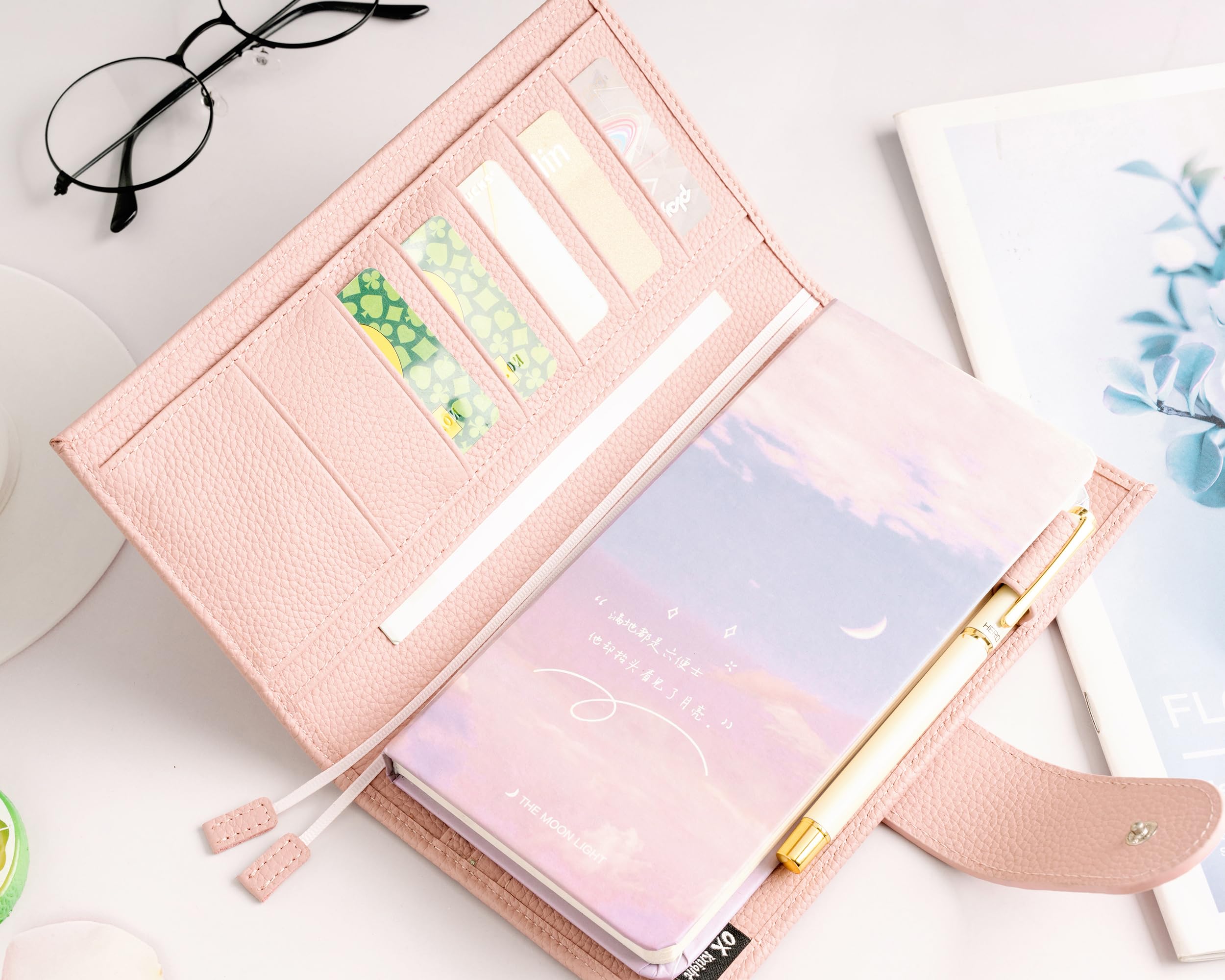 Lederhülle für Hobonichi Wochen-/Wochenplaner – mit Stifthalter, Kartenfächern, Rücktasche und Lesezeichen (rosa)