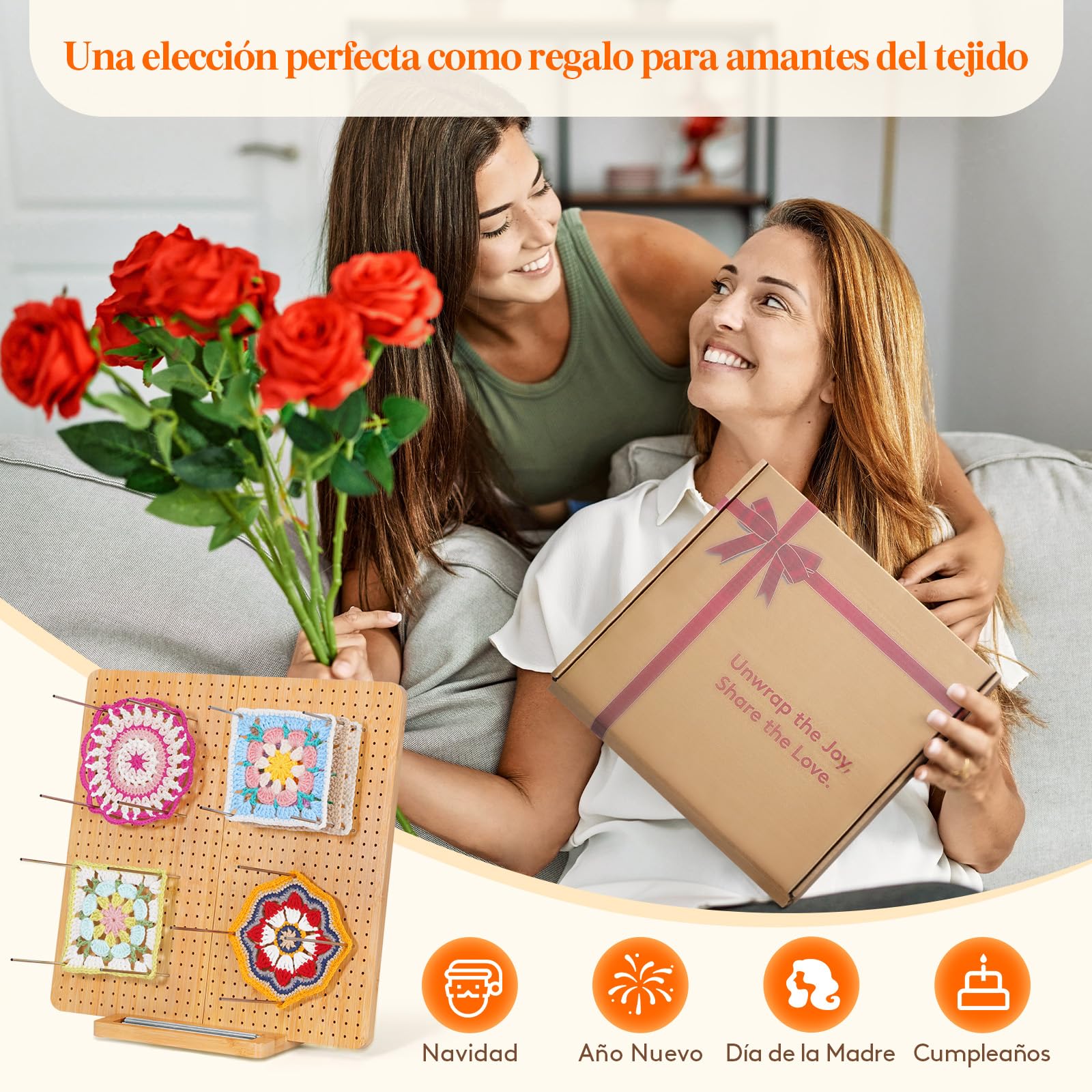 Lifewit 36,6 cm Bloqueador de Granny Square con 36 Pines, Tabla Bloqueo de Bambú para Crochet Blocking, Almohadilla de Bloqueo para Tejer, Accesorios Kit Regalos para Máquina Ganchillo Ganchillo