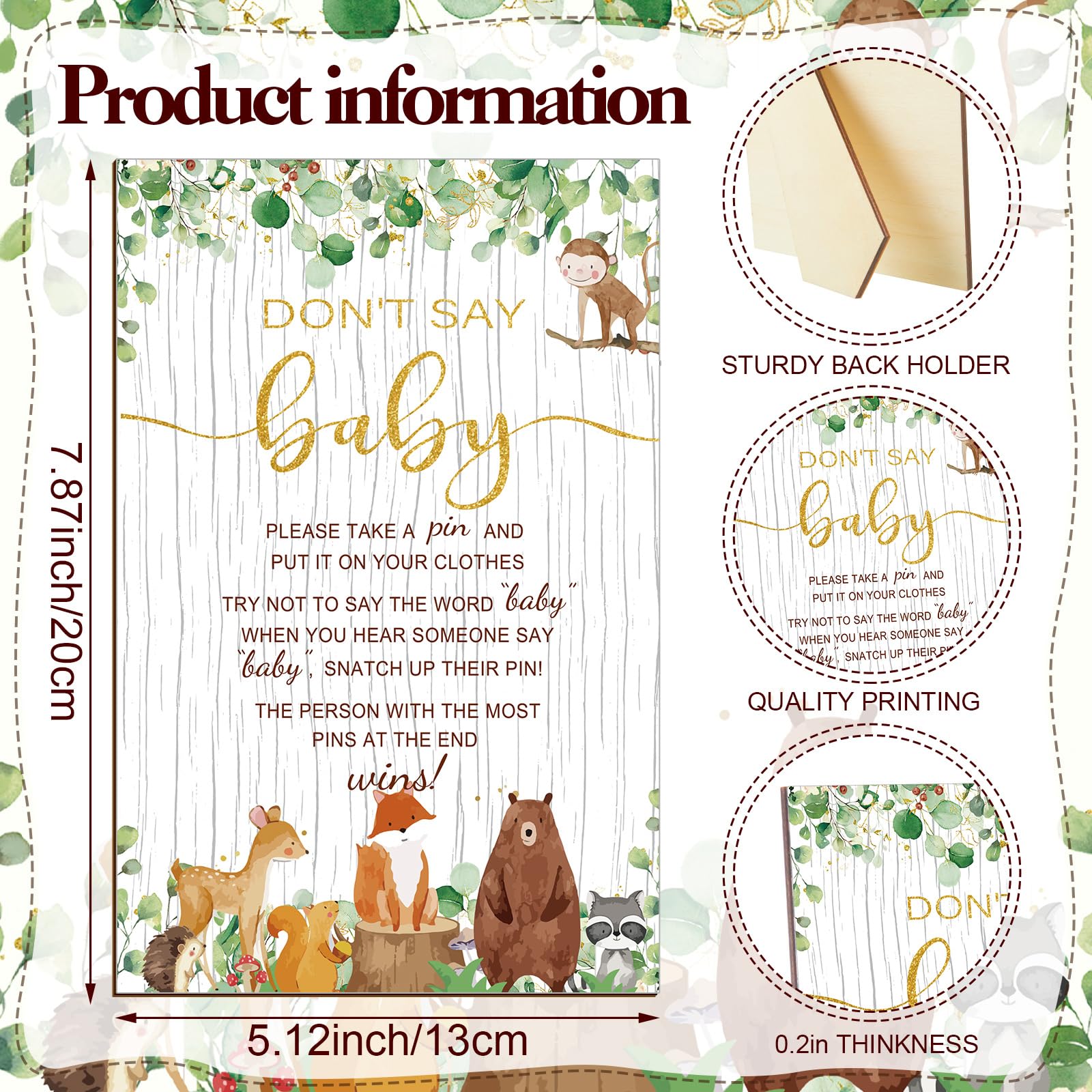 Set Decorazioni Per Baby Shower Tema Safari, 100 Adesivi Animali Selvatici + Cartello 'Don't Say Baby' E Supporto, Gioco Per Feste